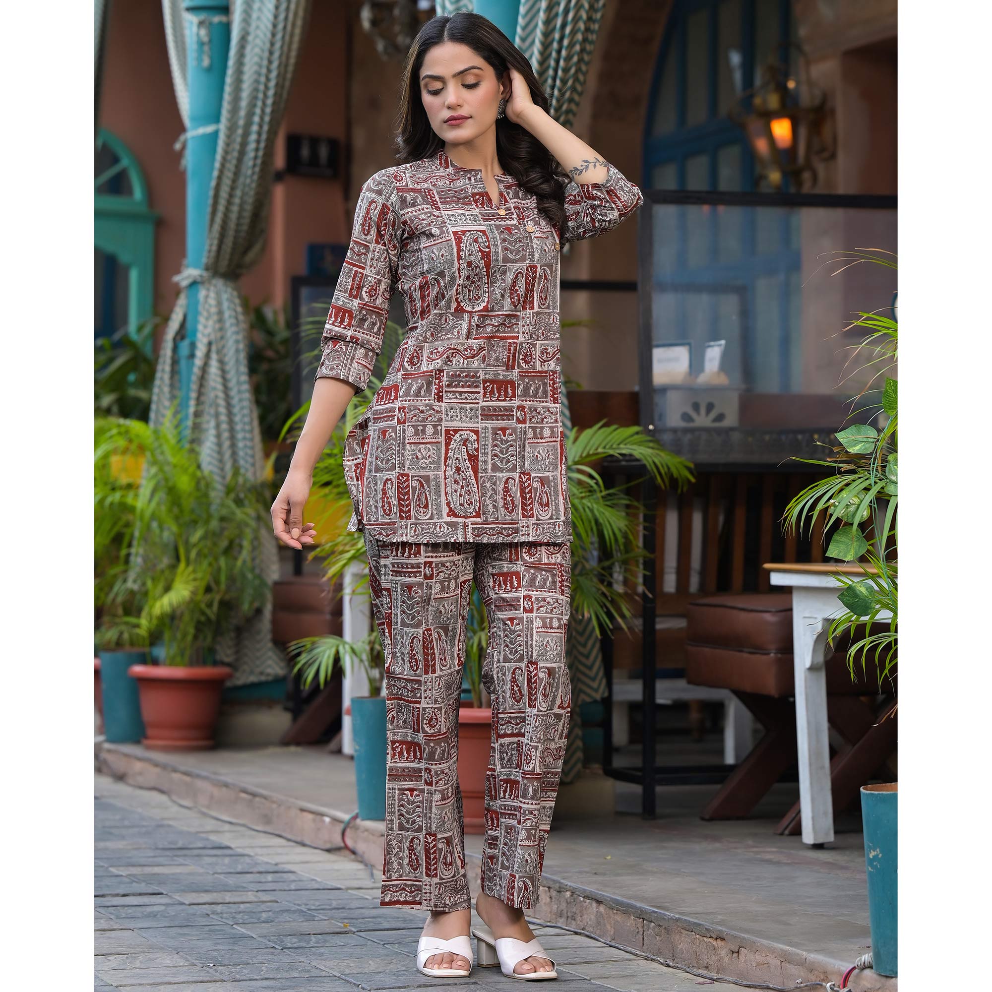Red Printed Pure Cotton Angrakha Co-Ord Set