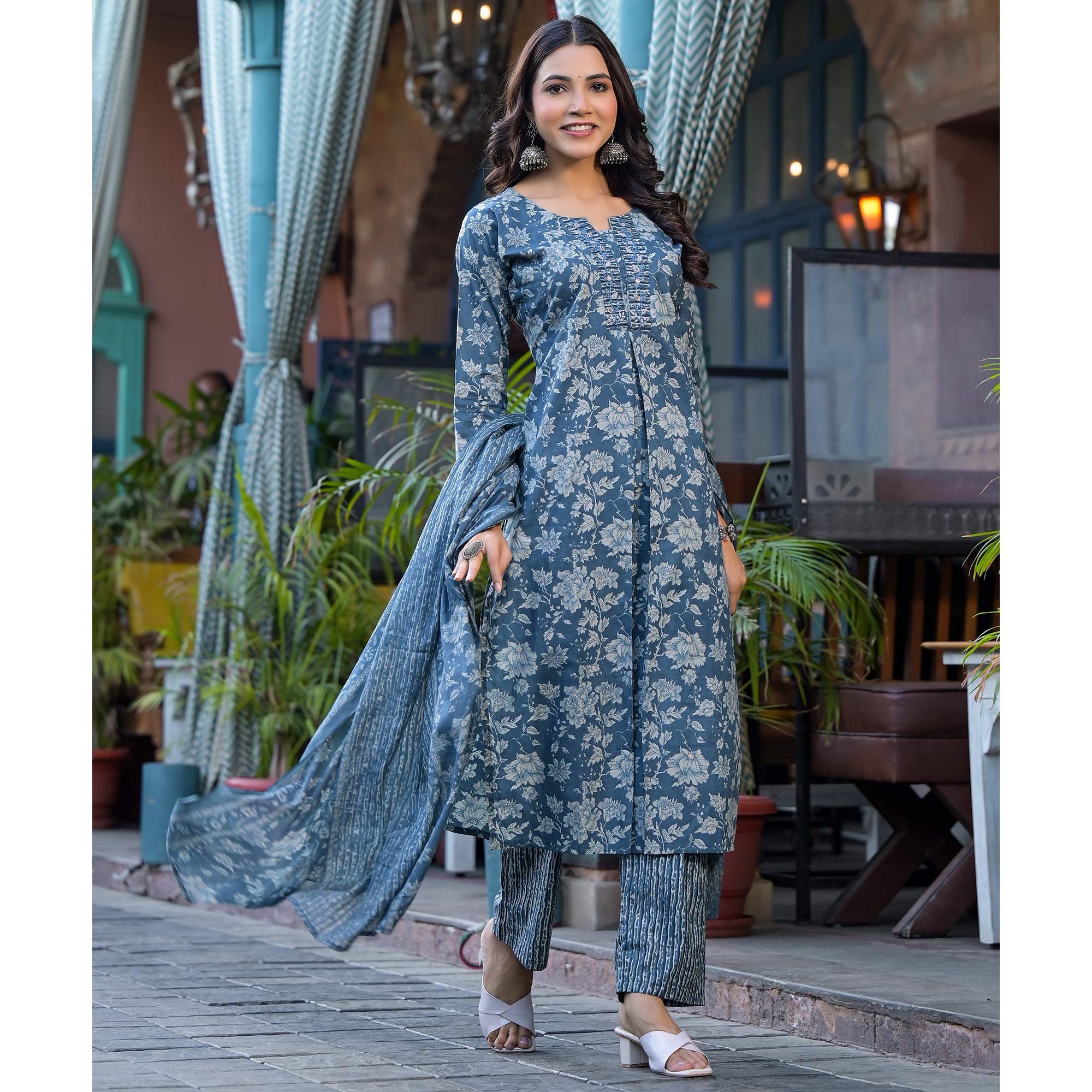Blue Floral Printed With Katha Work Pure Cotton Straight Salwar Suit