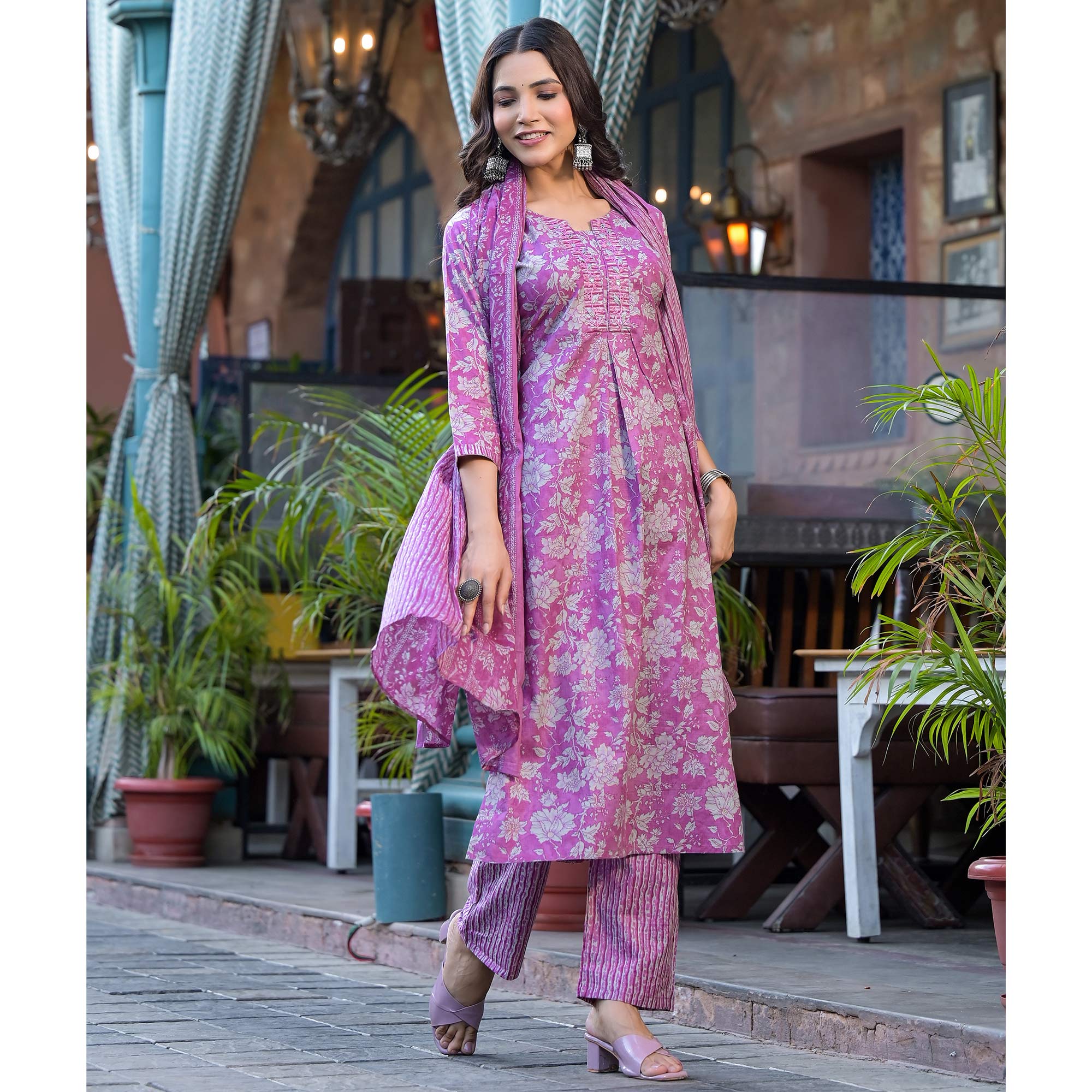 Purple Floral Printed With Katha Work Pure Cotton Straight Salwar Suit