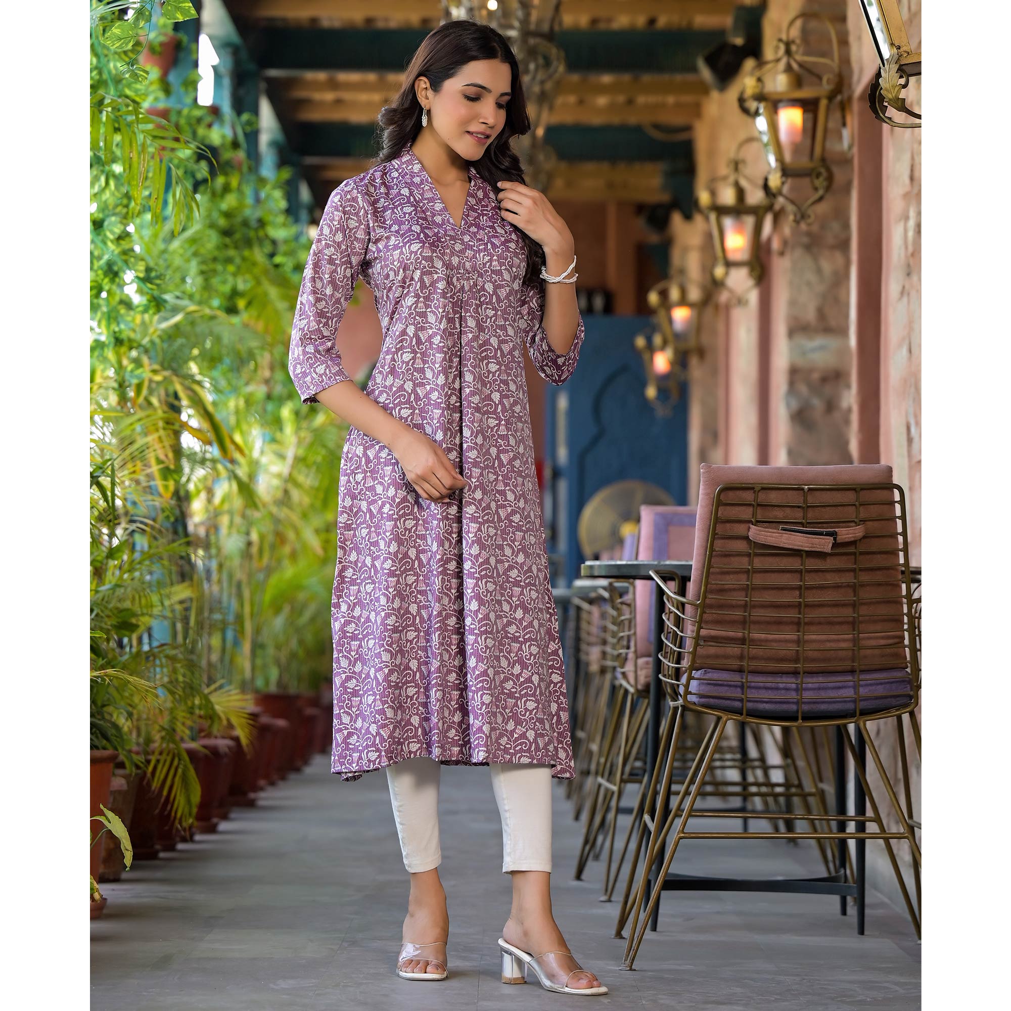 Purple Floral Printed Rayon A-line Kurti