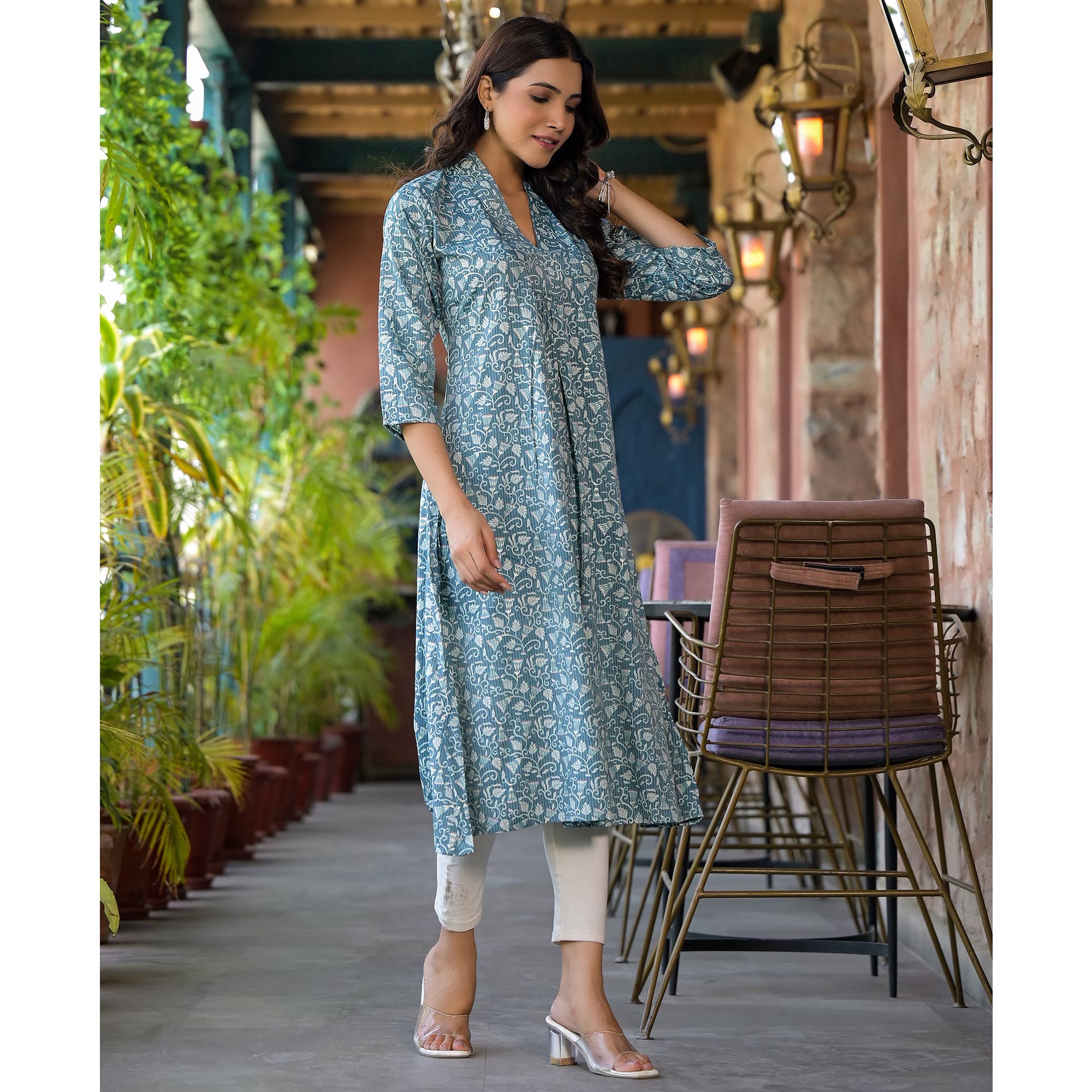 Turquoise Floral Printed Rayon A-line Kurti