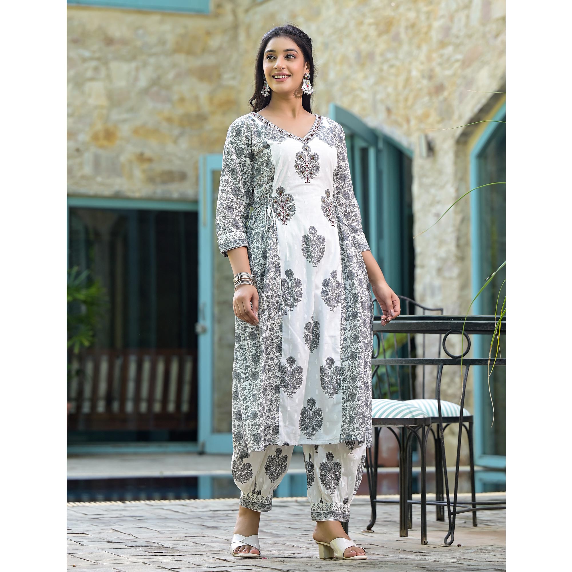 White Floral Printed Pure Cotton Salwar Suit With Beads Work