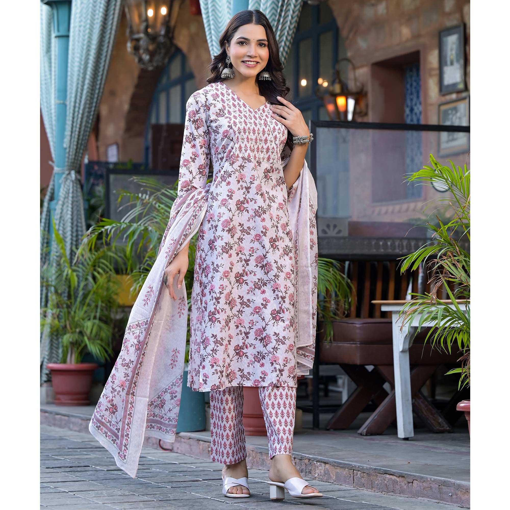 White Floral Printed Pure Cotton Salwar Suit