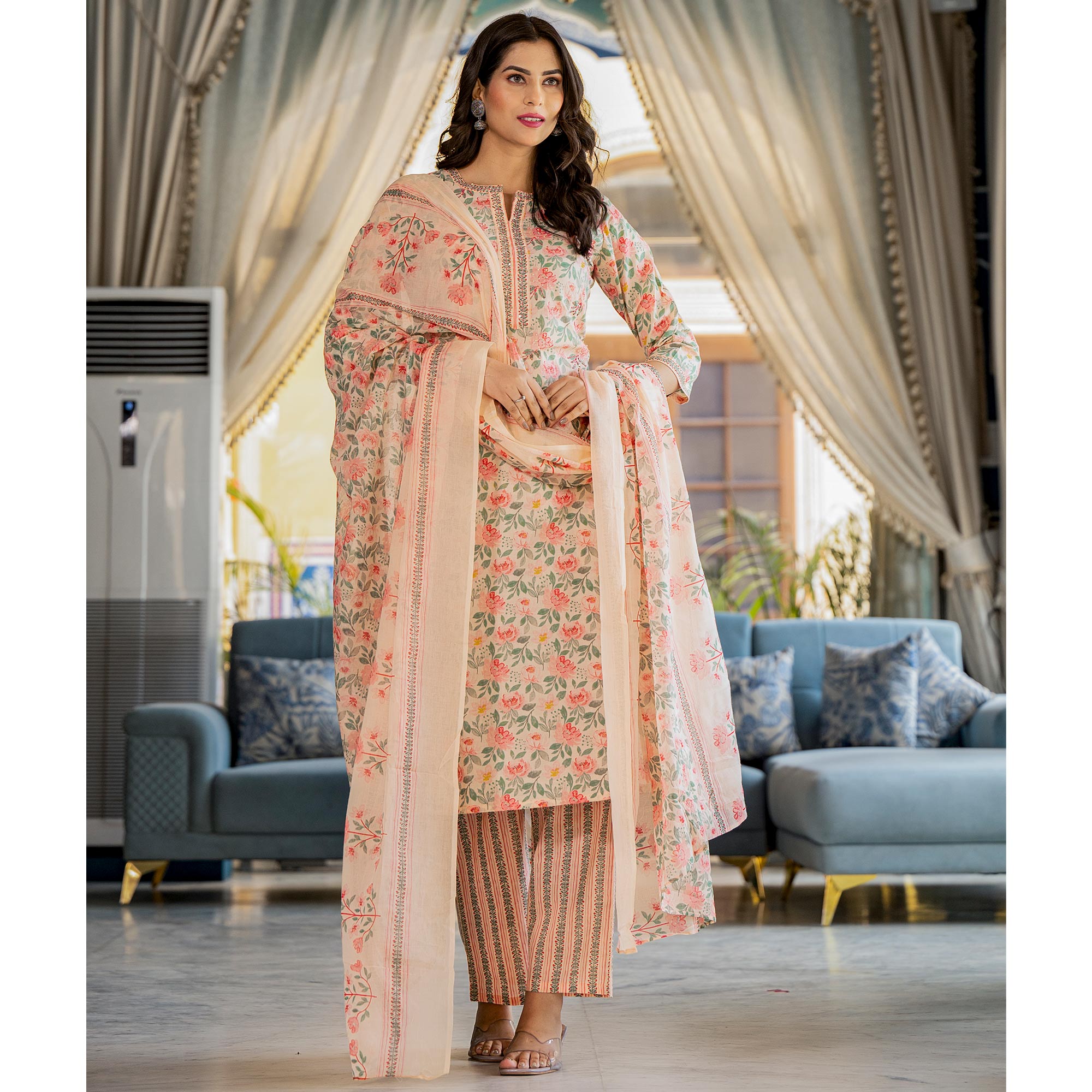 Peach Floral Printed Pure Cotton Salwar Suit