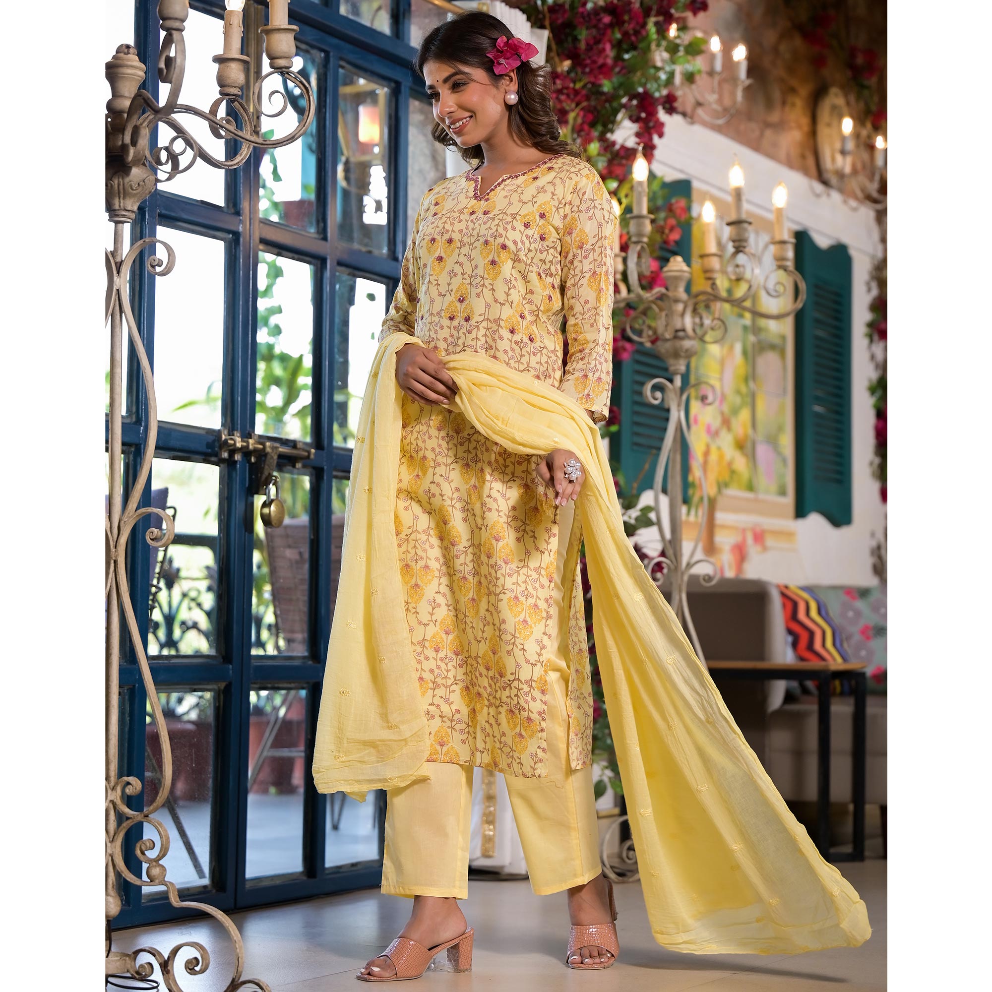 Yellow Floral Printed Mulmul Cotton Straight Salwar Suit