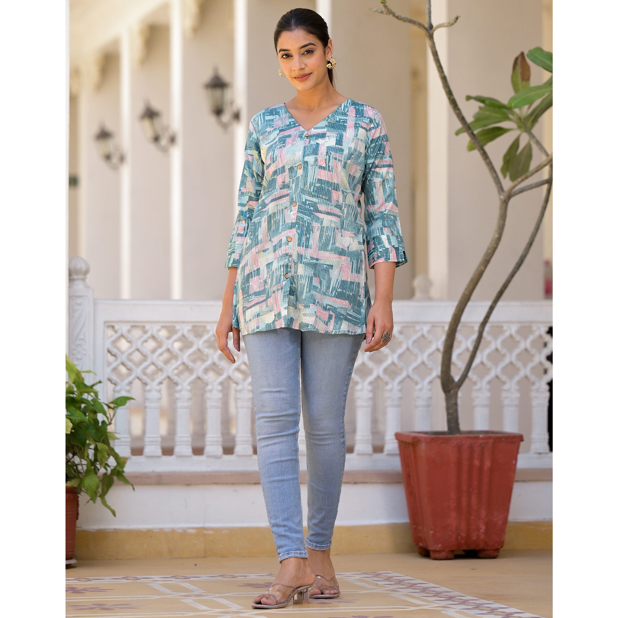 Blue Printed Rayon A-Line Top