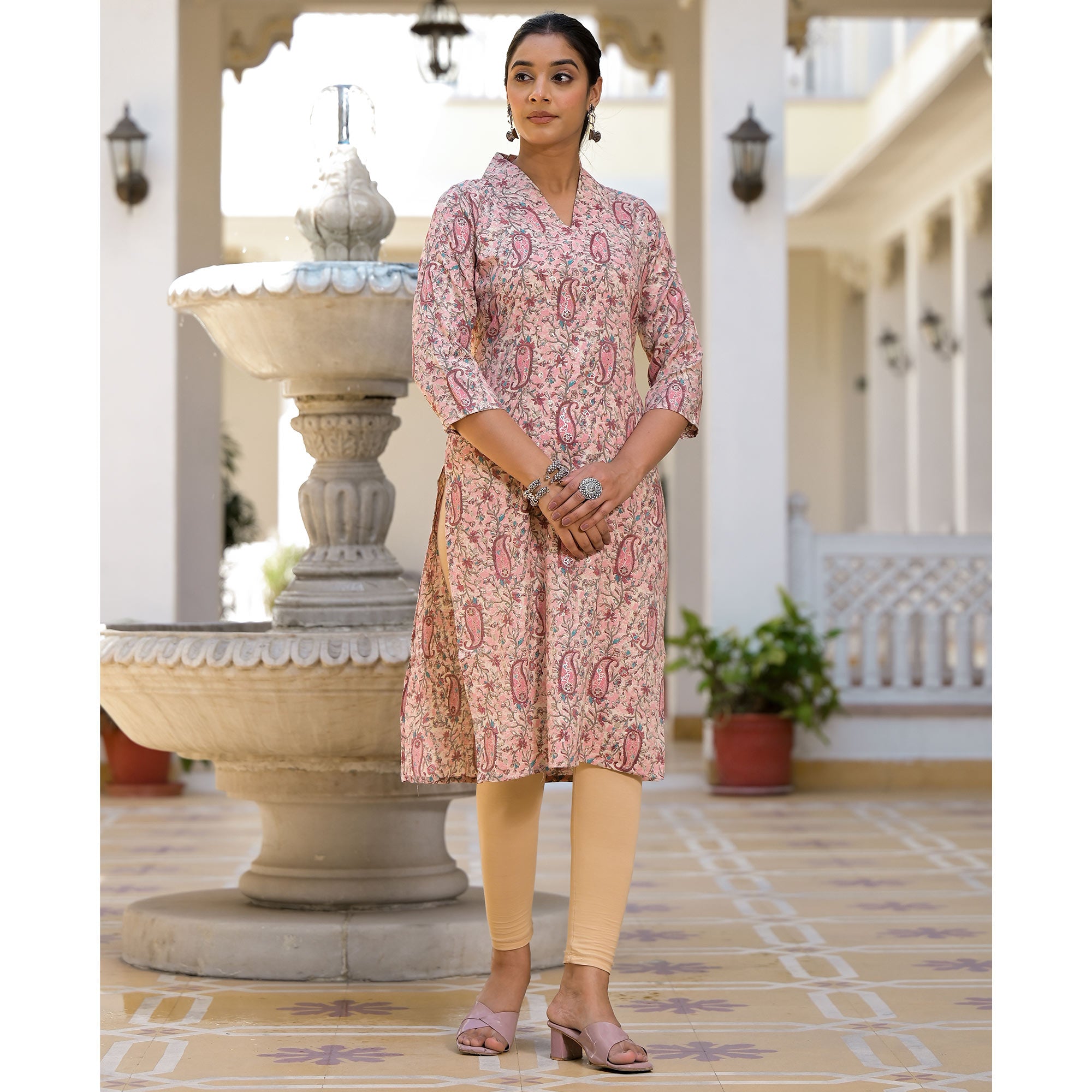 Pink Floral Printed Rayon Straight Kurti