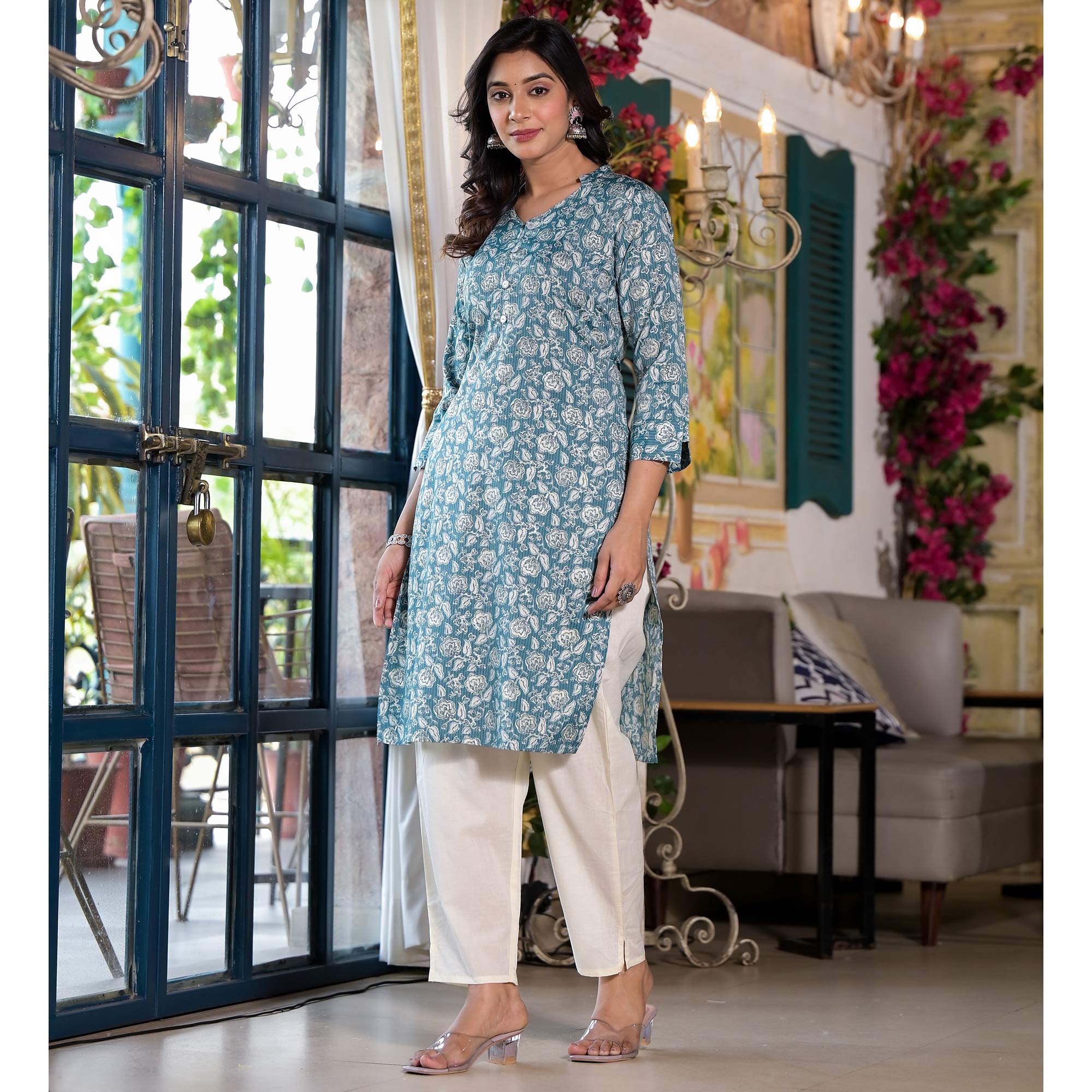 Pine Green Floral Printed Rayon Straight Kurti
