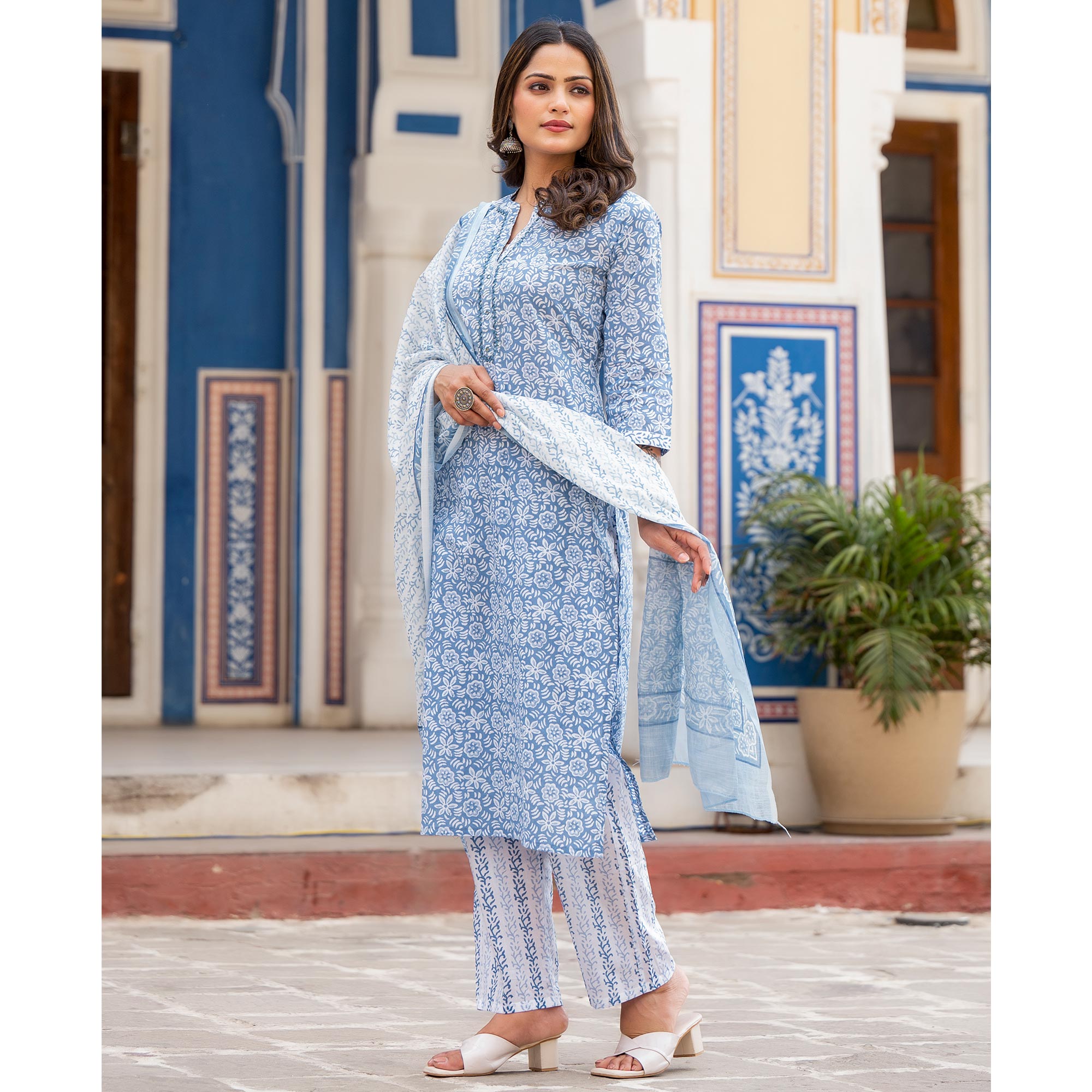 Blue Floral Printed Pure Cotton Salwar Suit