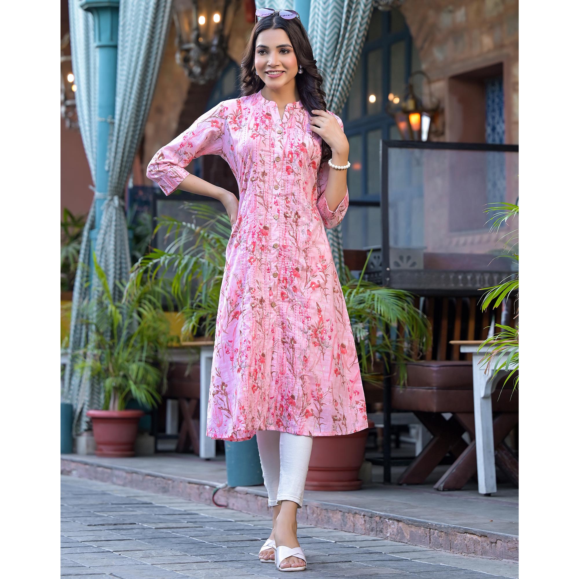 Peach Floral Foil Printed Pure Cotton Front Slit Kurti