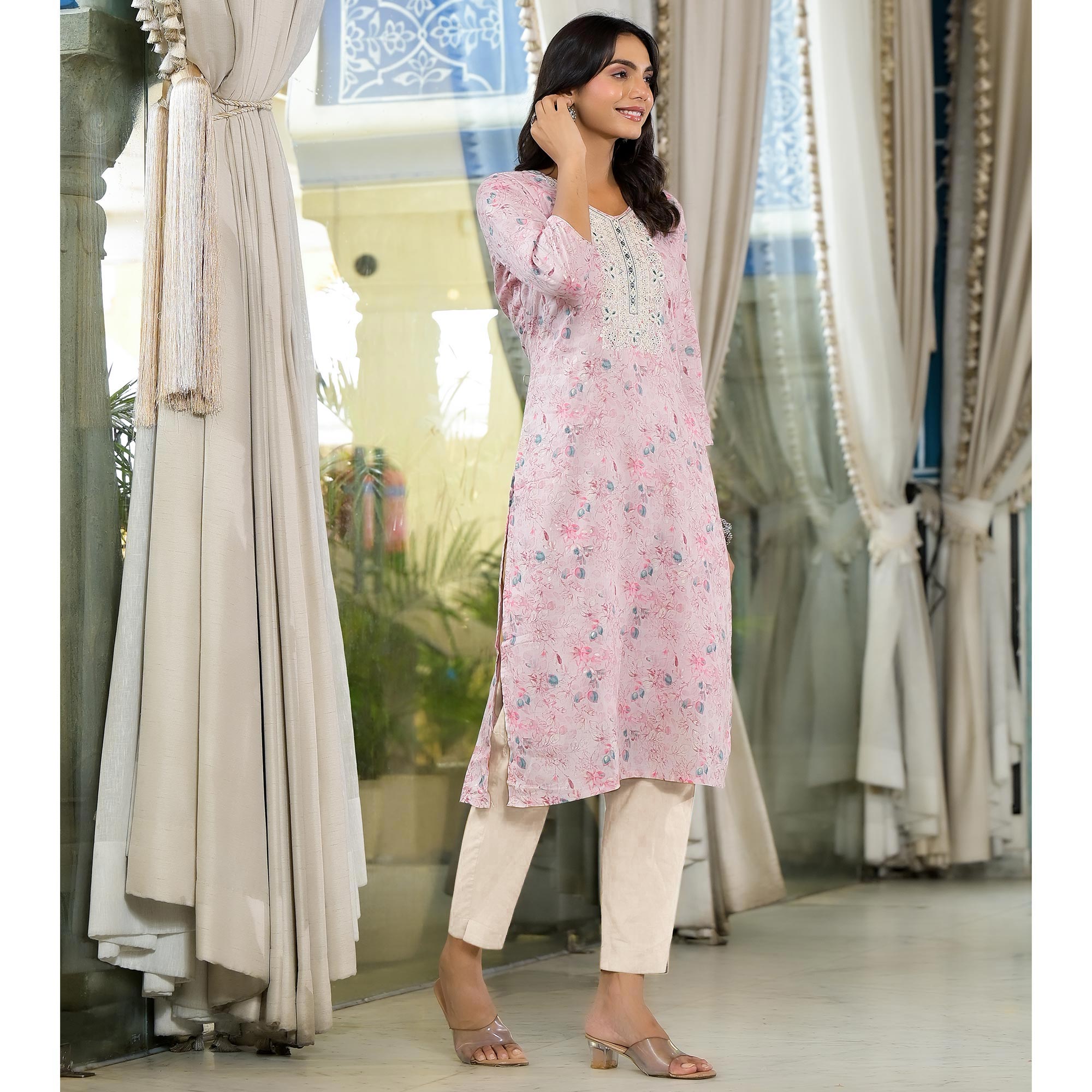 Peach Floral Printed Mul Mul Cotton Straight Kurti