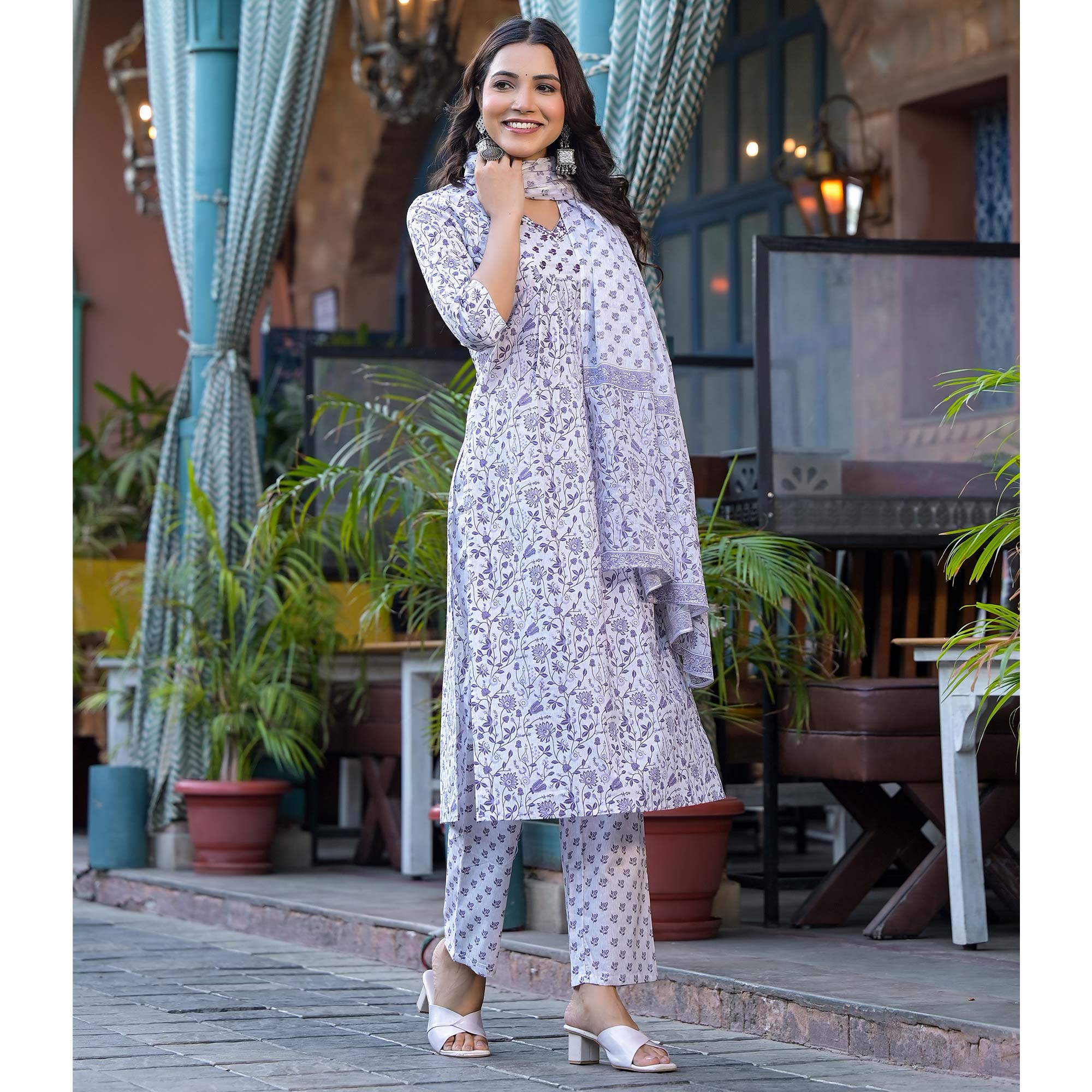 White Floral Printed Pure Cotton Straight Salwar Suit