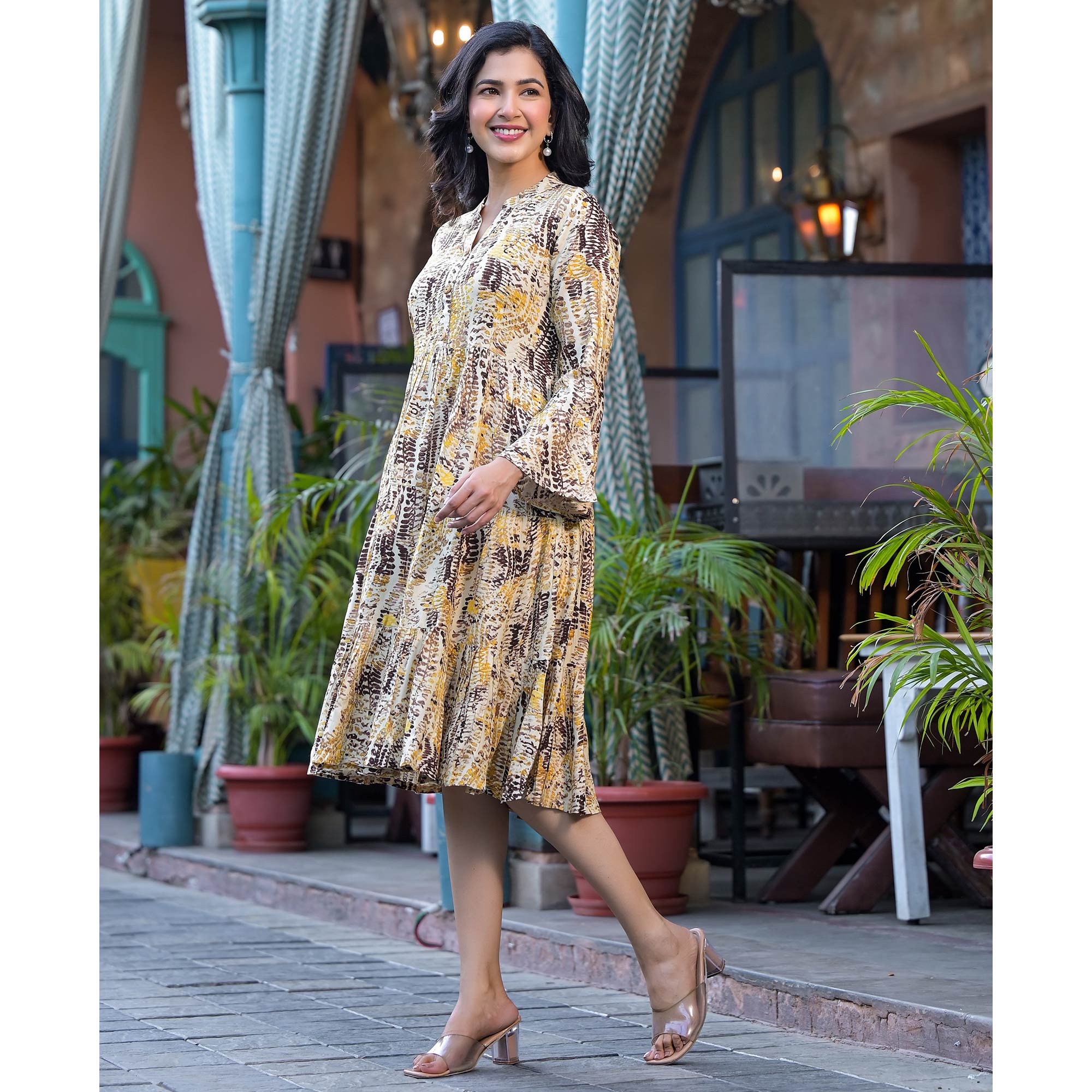 Yellow Printed Rayon Anarkali Dress