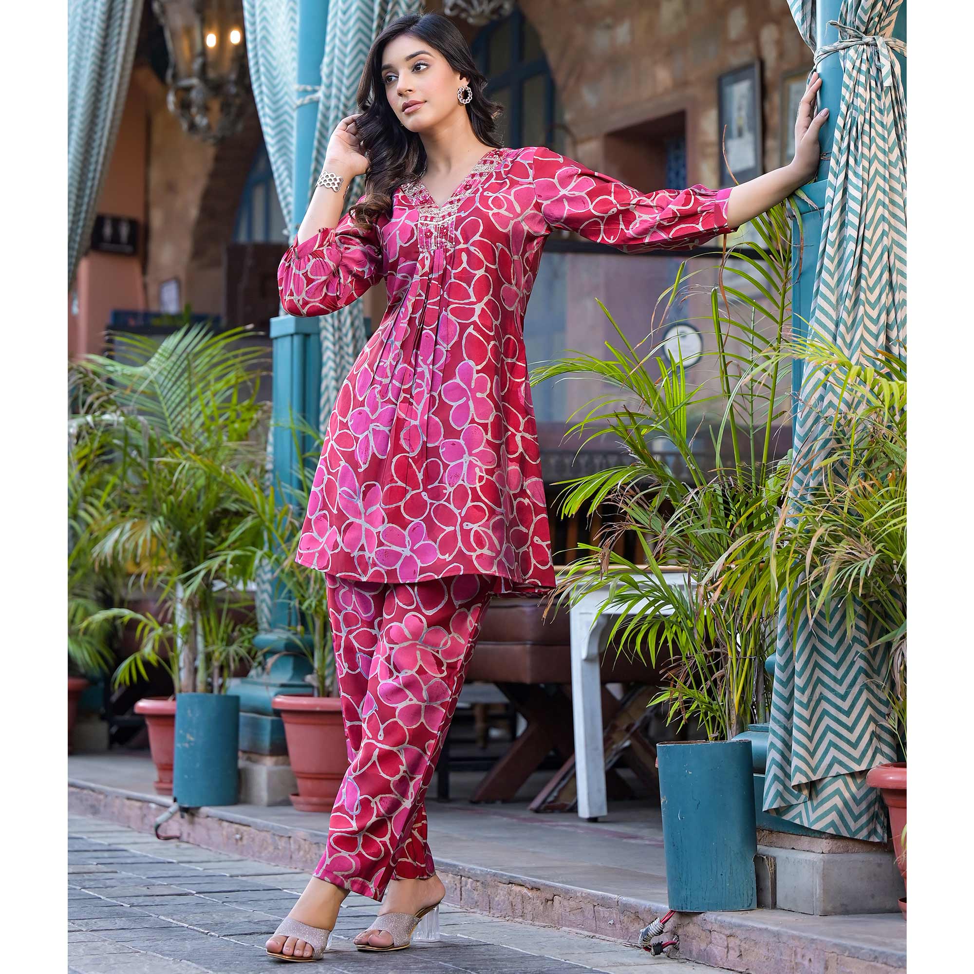 Red Floral Printed Chanderi Silk Co-Ord Set