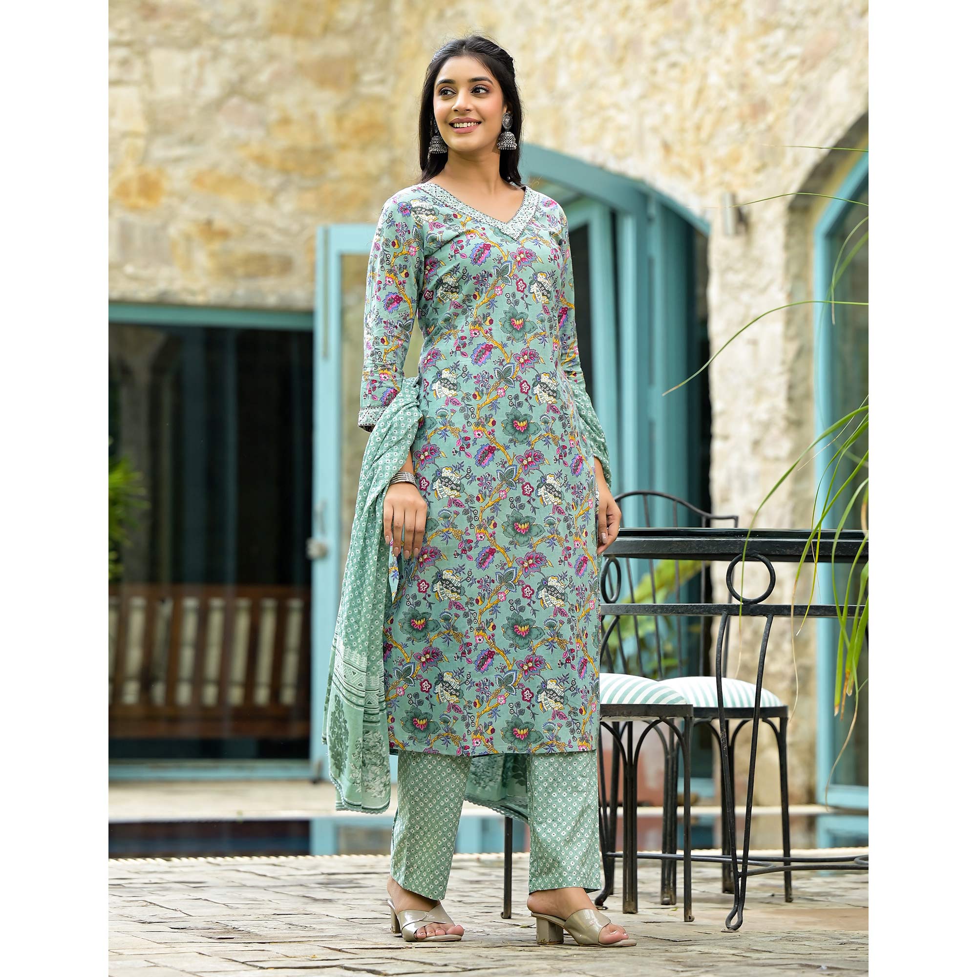 Sea Green Floral Printed With Embroidery Pure Cotton Straight Salwar Suit