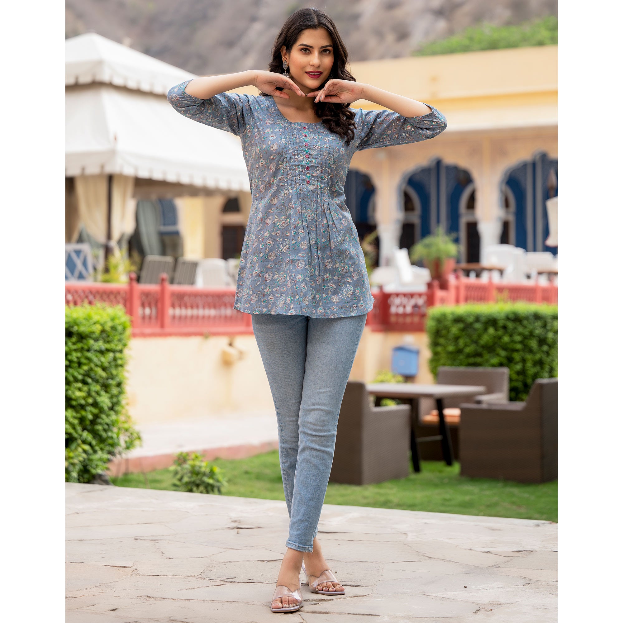 Blue Floral Printed Pure Cotton Top