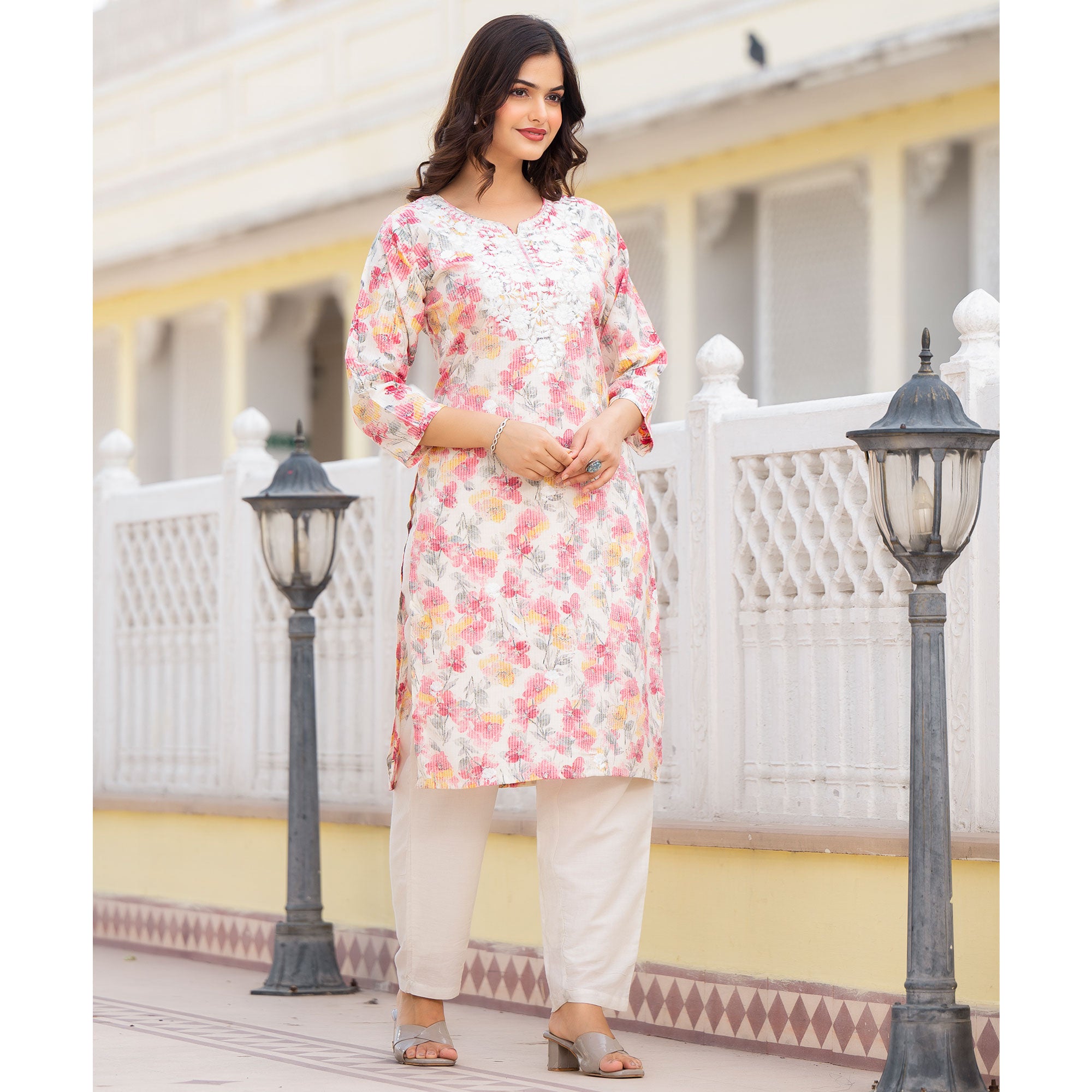 Cream & Pink Floral Printed Rayon Straight Kurti
