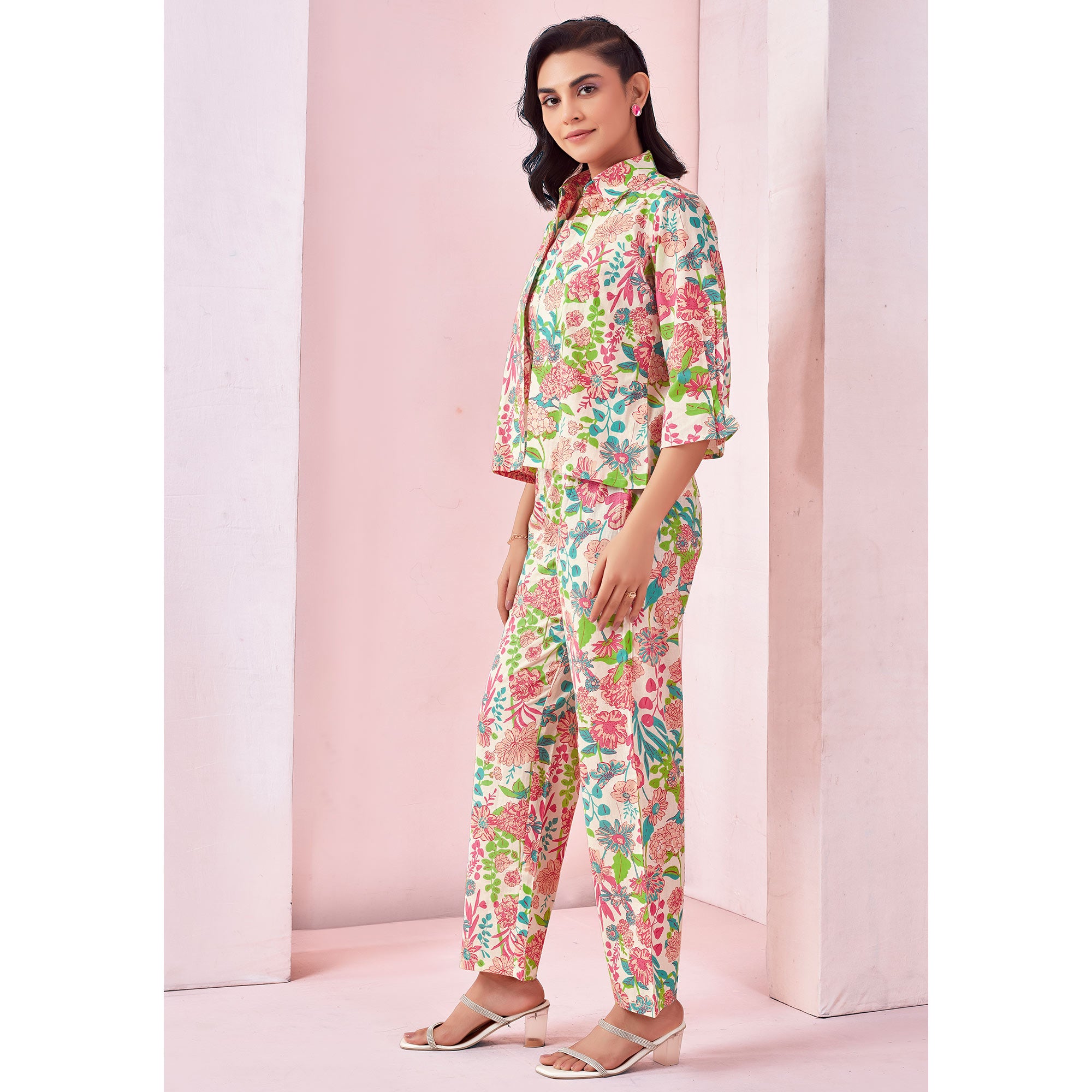 White Floral Printed Pure Cotton Co-ord Set With Jacket
