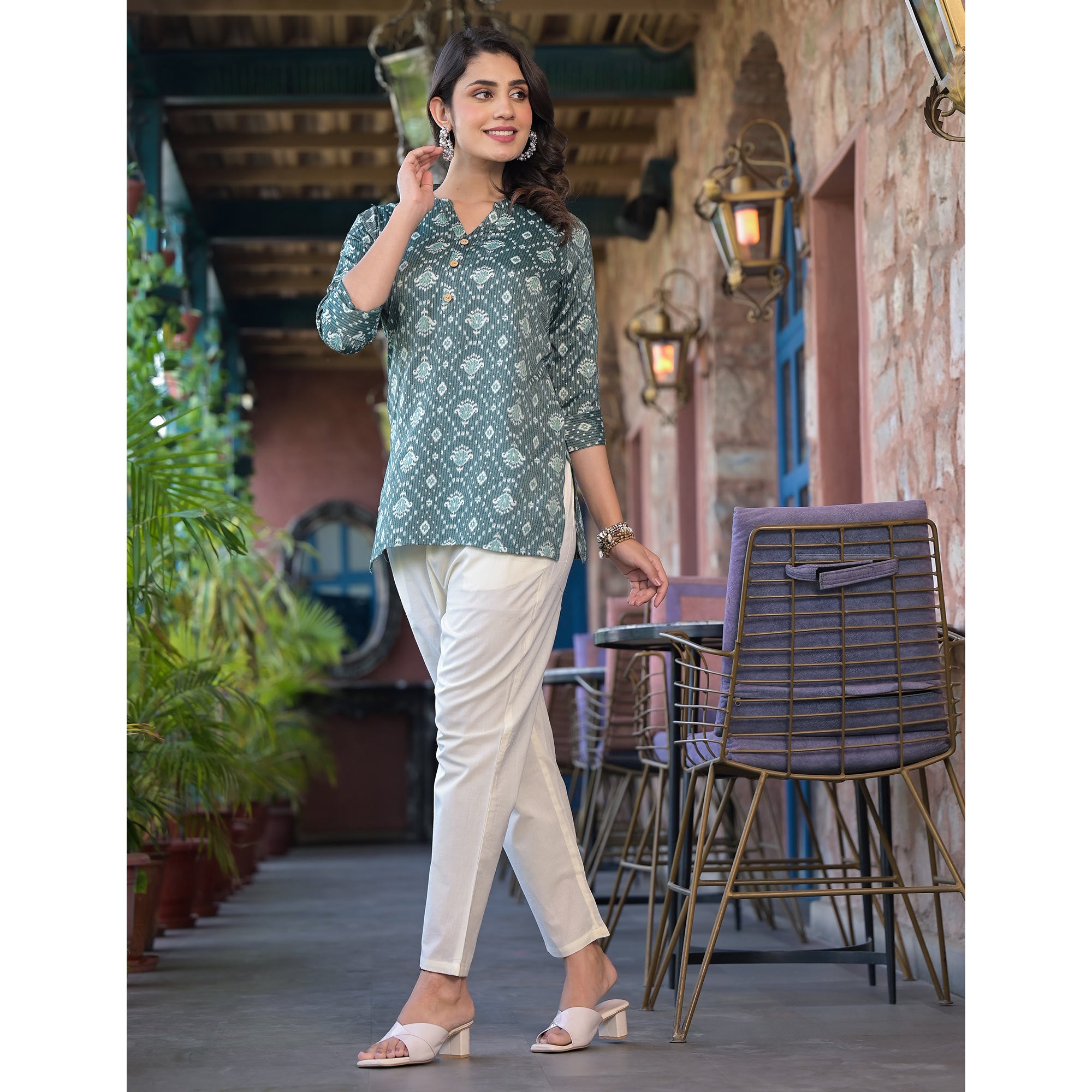 Sea Green Floral Printed Rayon Straight Top