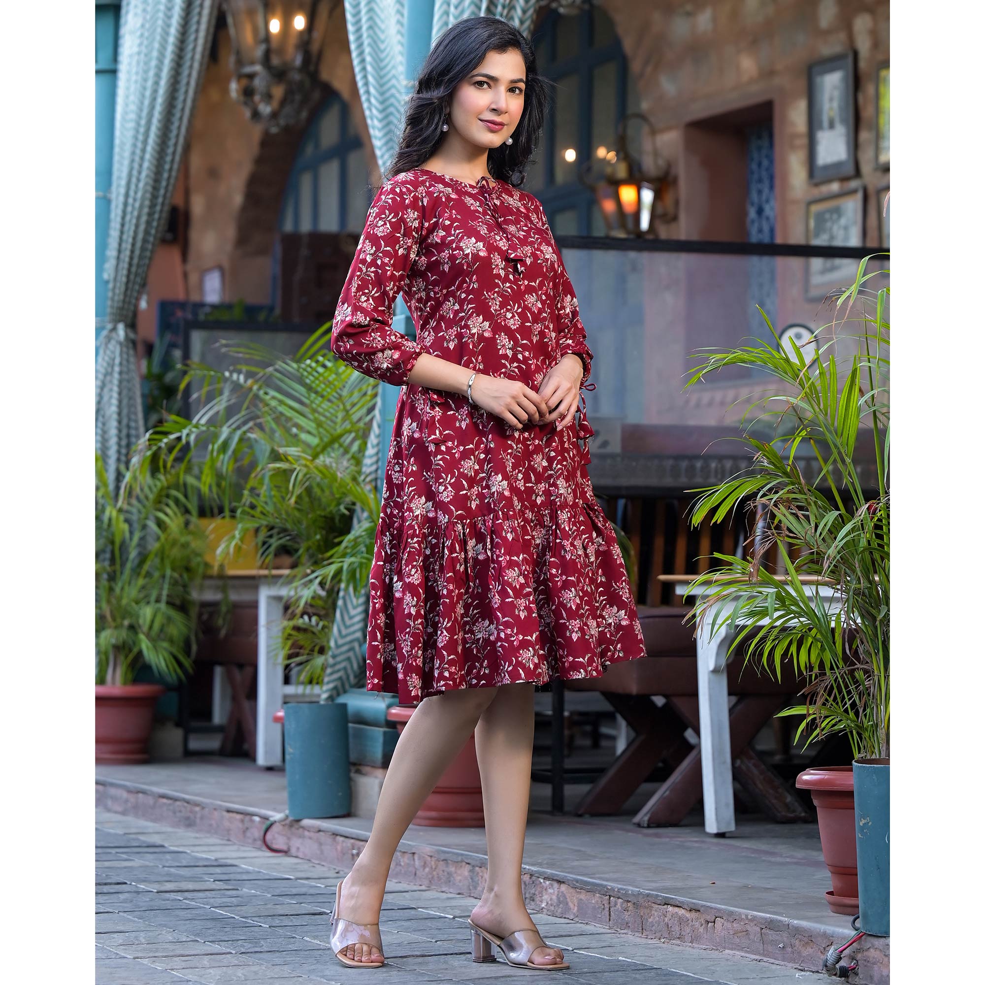 Red Floral Printed Rayon Dress