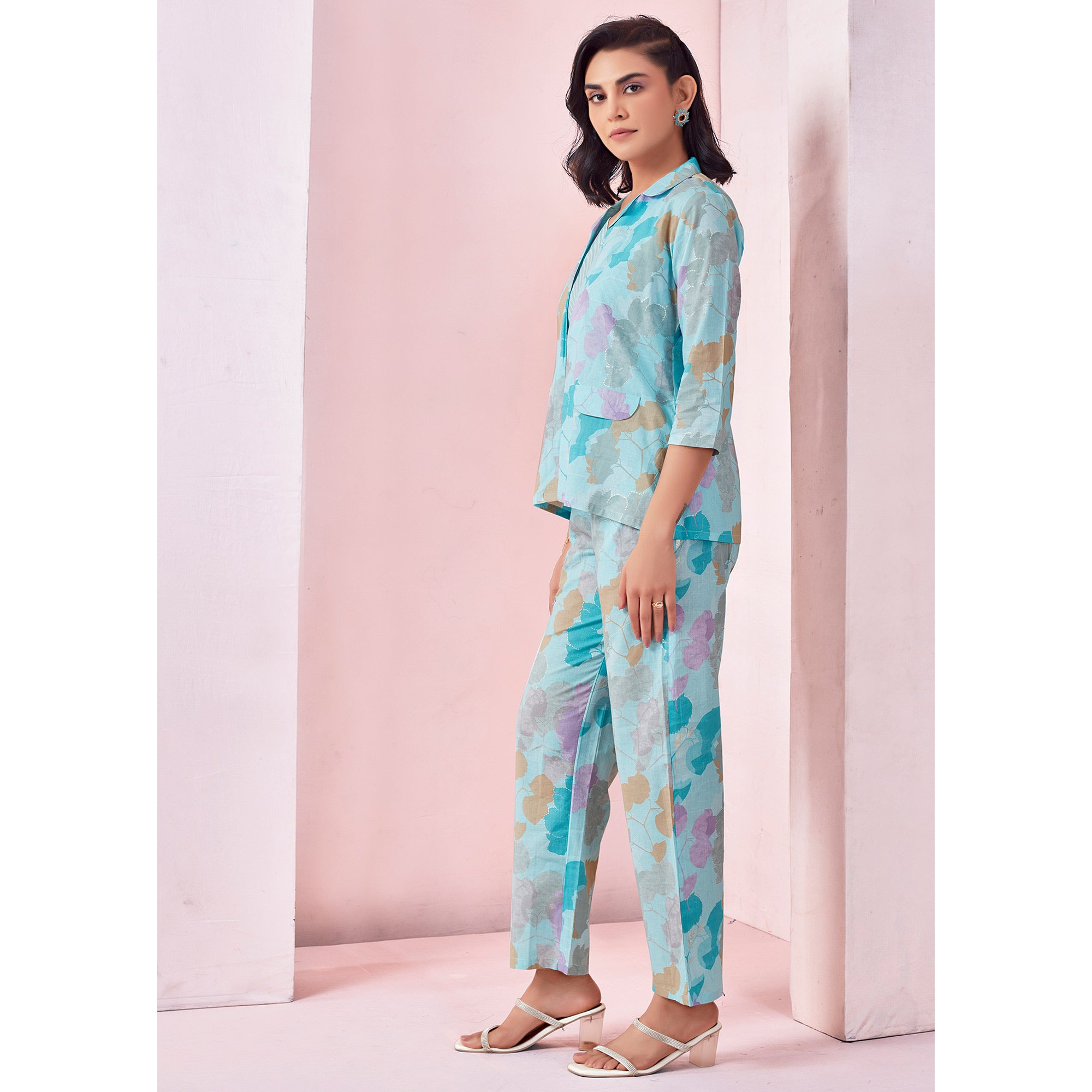 Sky Blue Floral Printed Pure Cotton Co-ord Set With Jacket