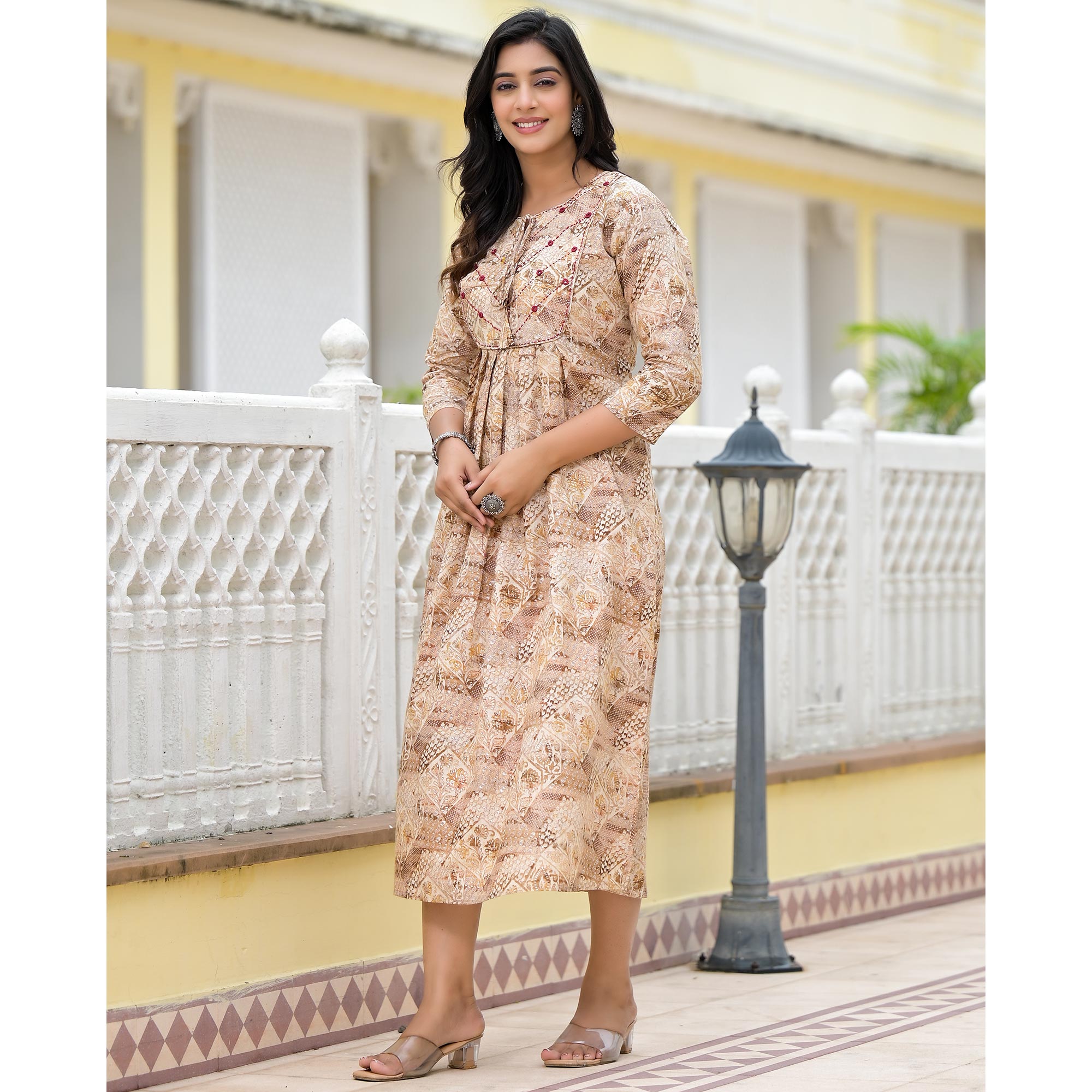 Mustard Floral Printed Pure Cotton A-Line Dress