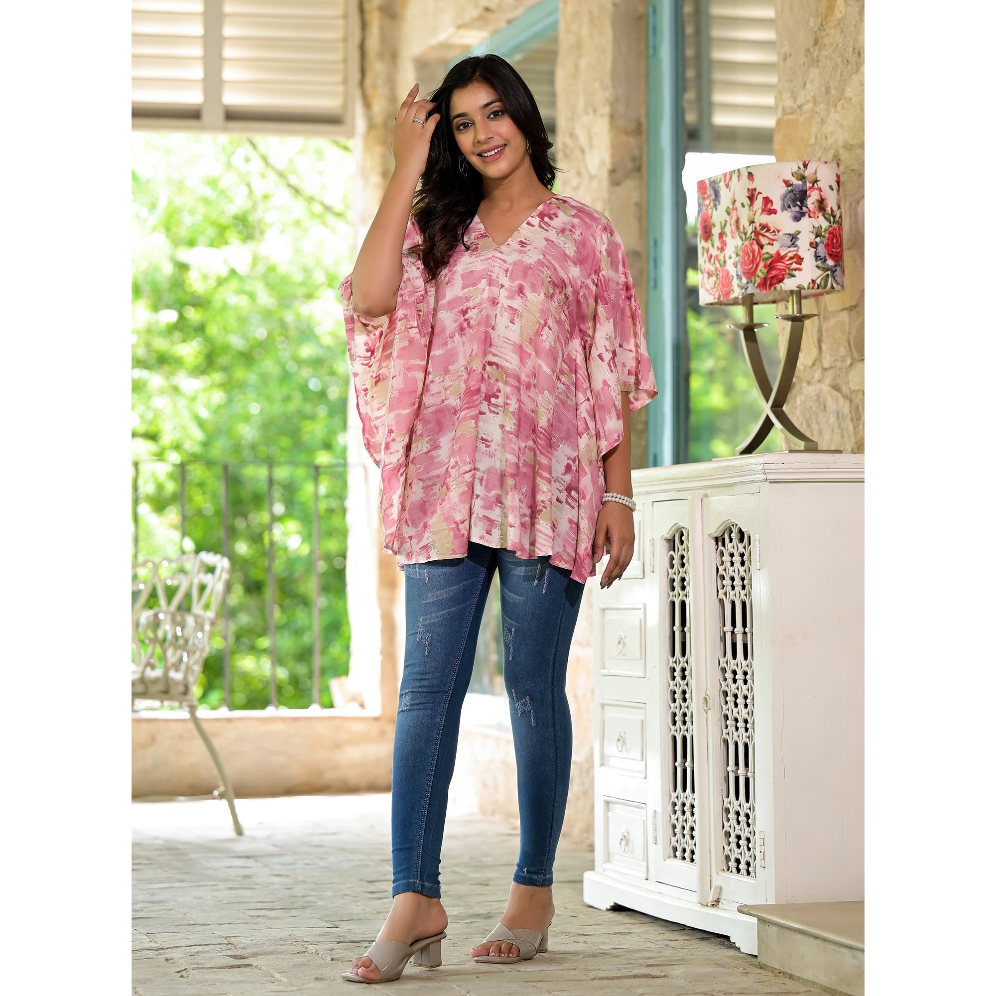 Pink Foil Printed Chanderi Silk Kaftan Top