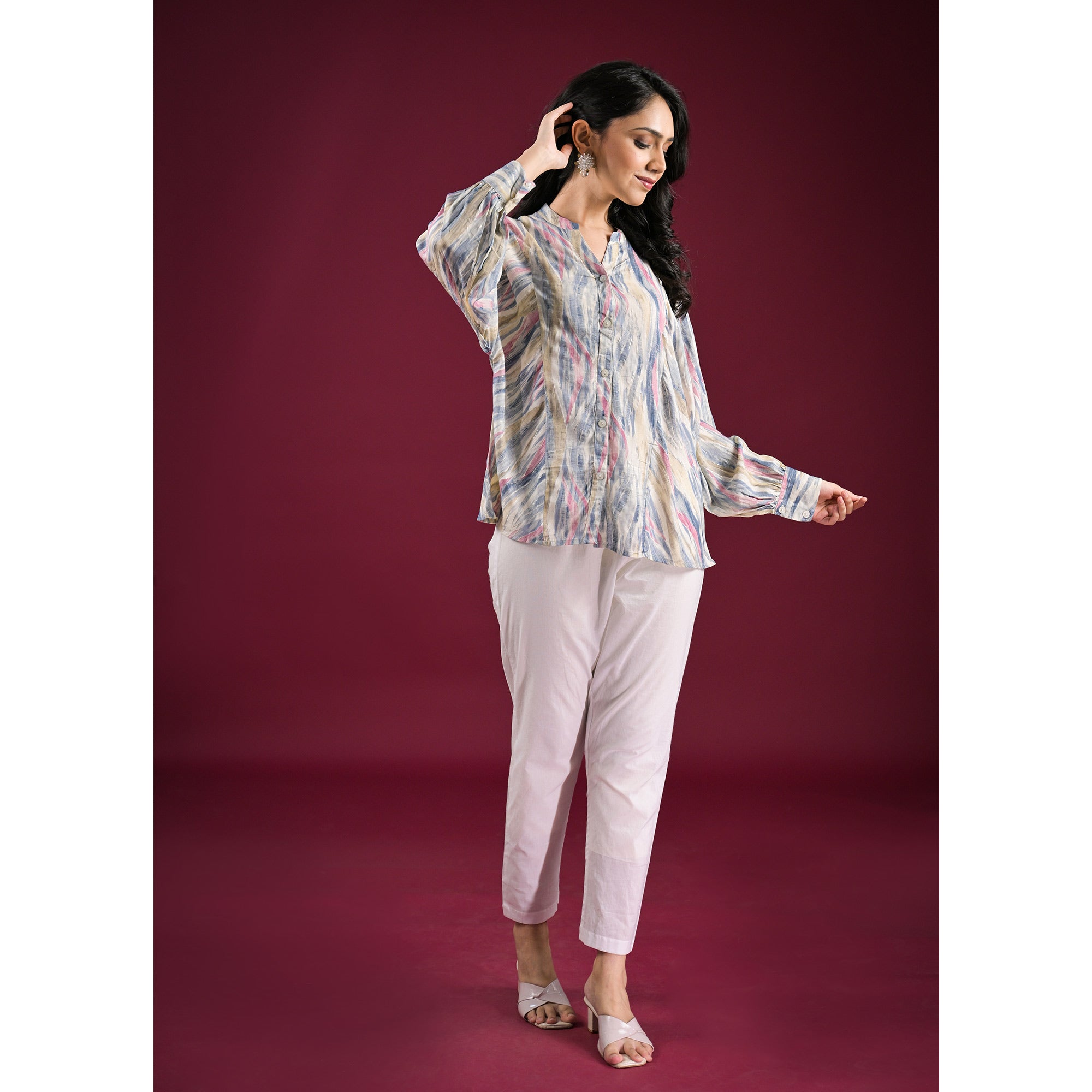 Blue Foil Printed Chanderi Silk A-Line Top