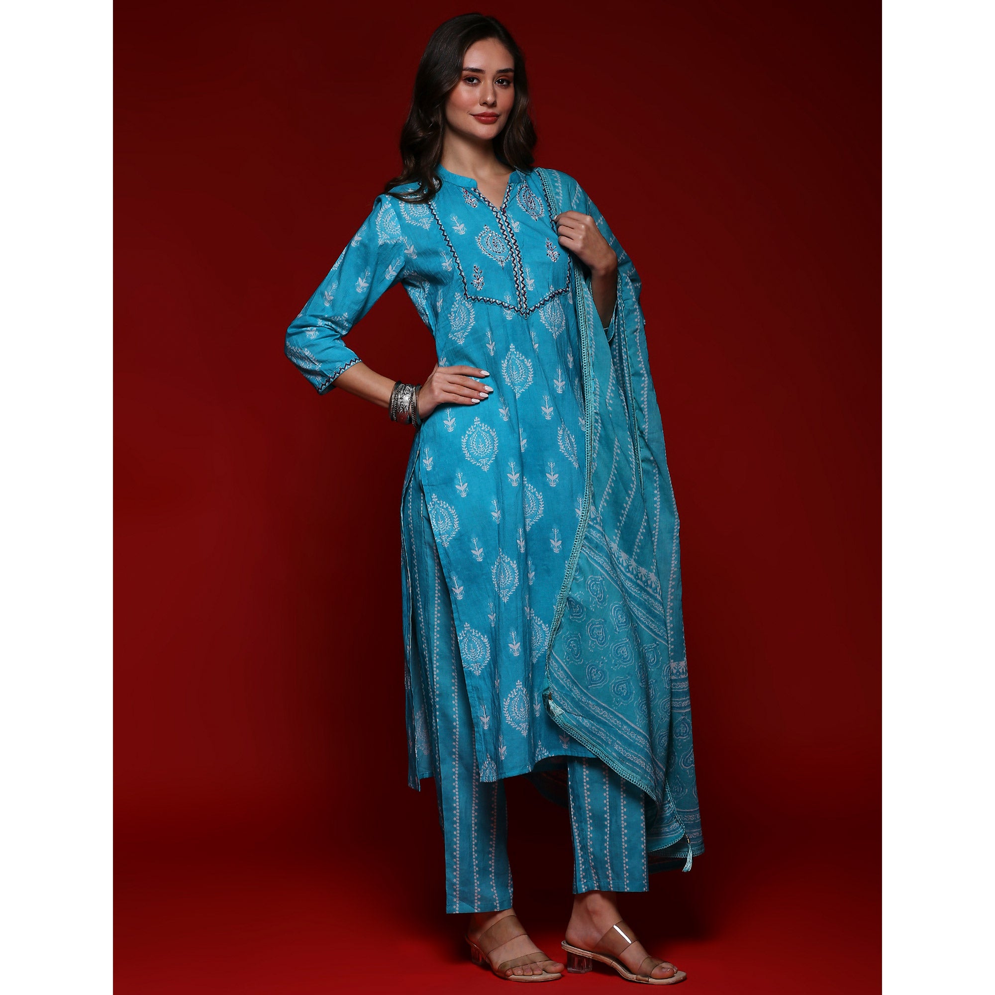 Turquoise Printed Pure Cotton Straight Salwar Suit