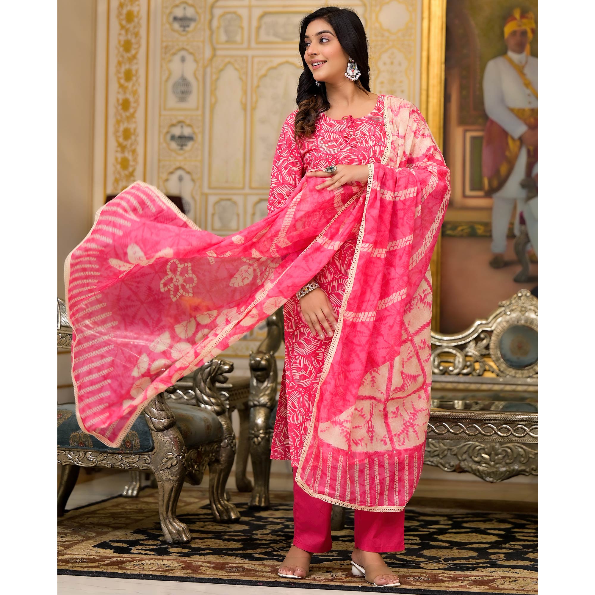 Rani Pink Floral Printed Pure Cotton Straight Salwar Suit