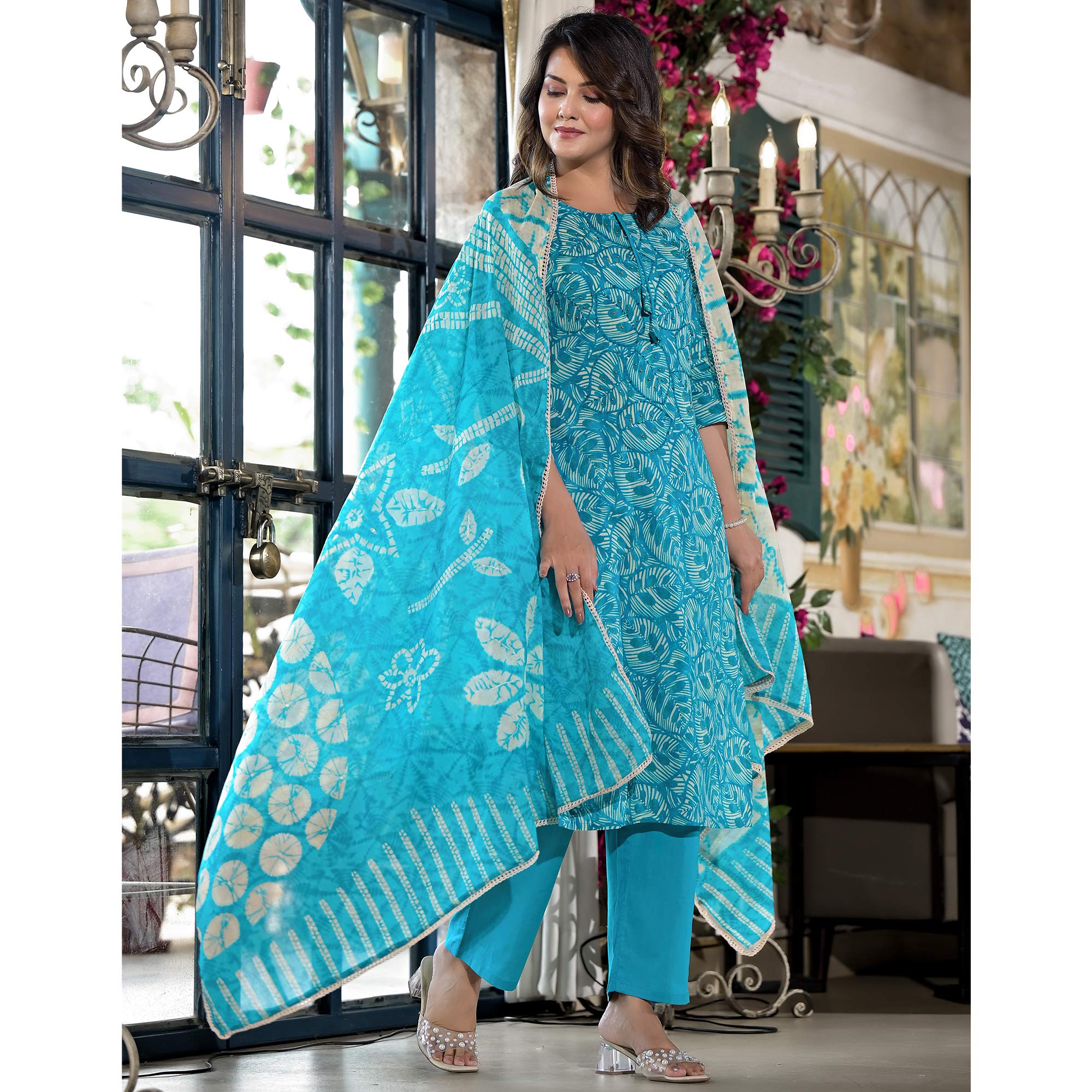 Sky Blue Floral Printed Pure Cotton Straight Salwar Suit