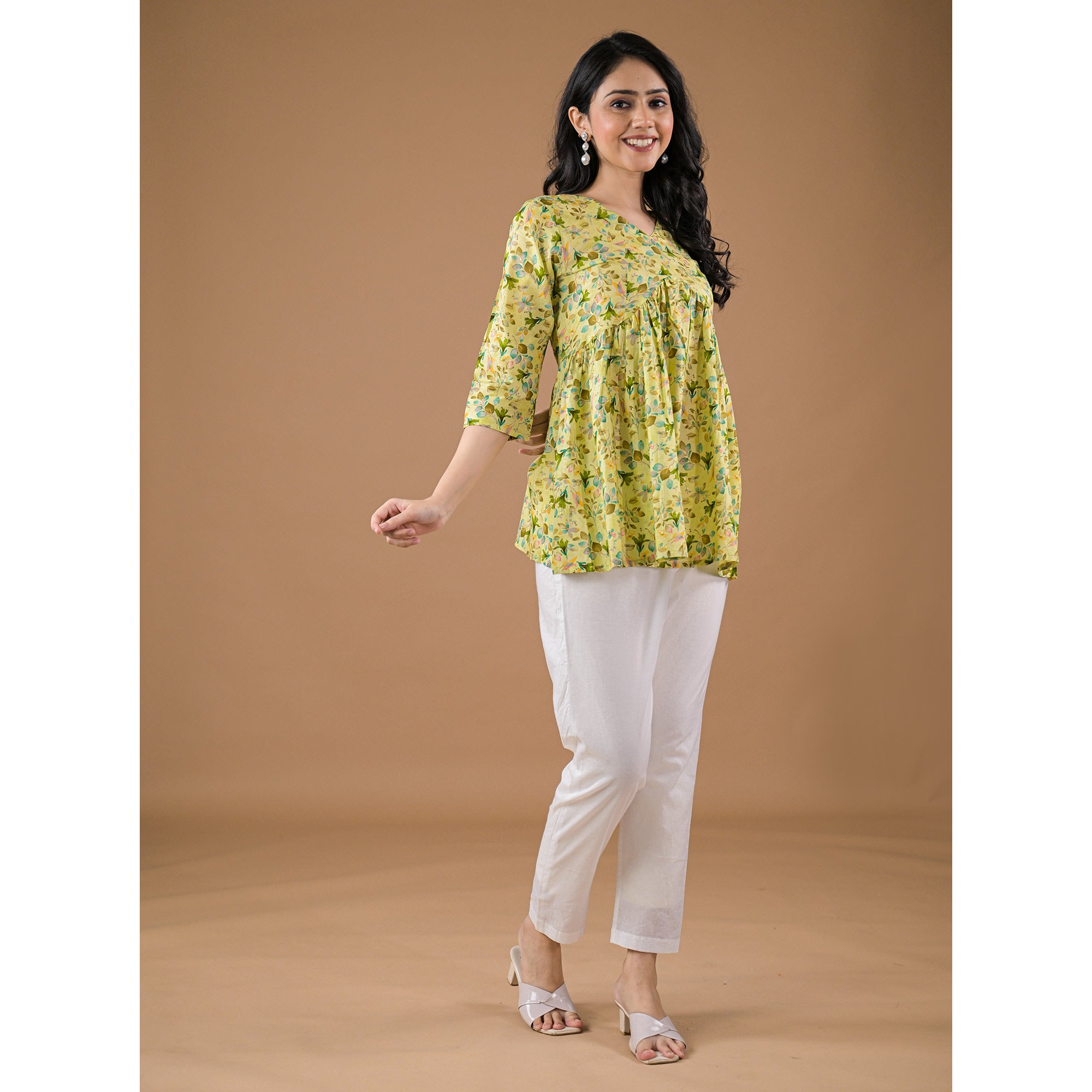 Green Floral Printed Pure Cotton A-Line Top