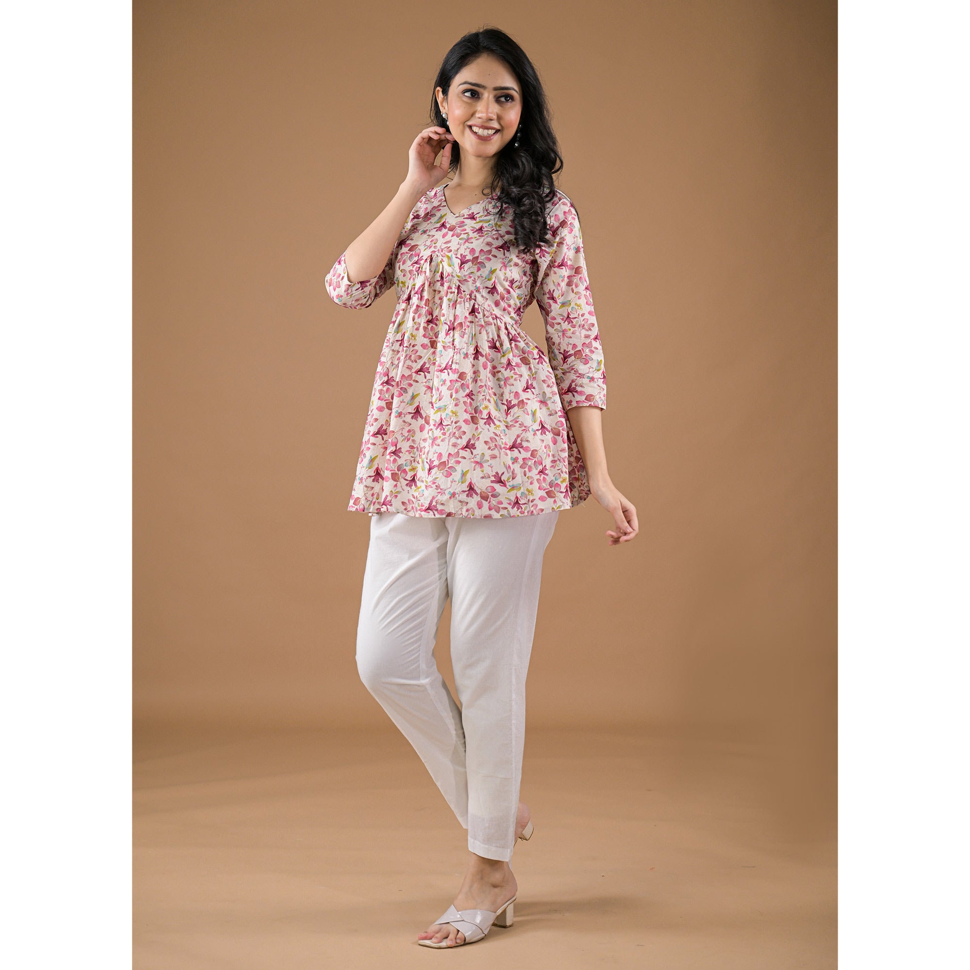 Wine Floral Printed Pure Cotton A-Line Top