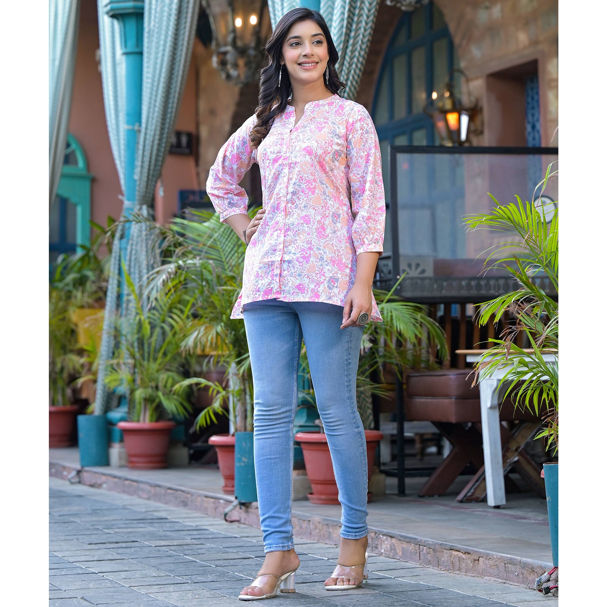 Pink Floral Printed Pure Cotton A-Line Top