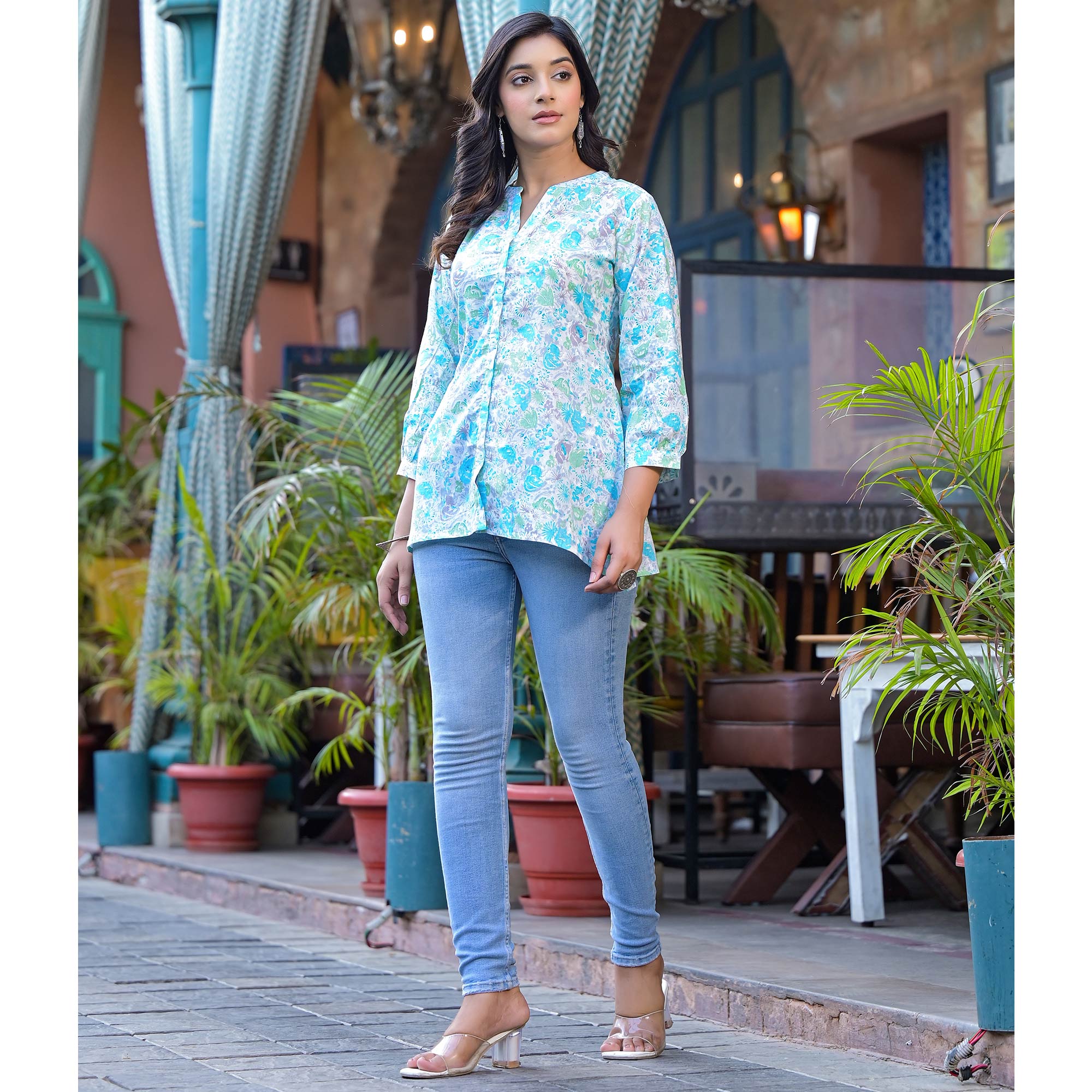 Sky Blue Floral Printed Pure Cotton A-Line Top