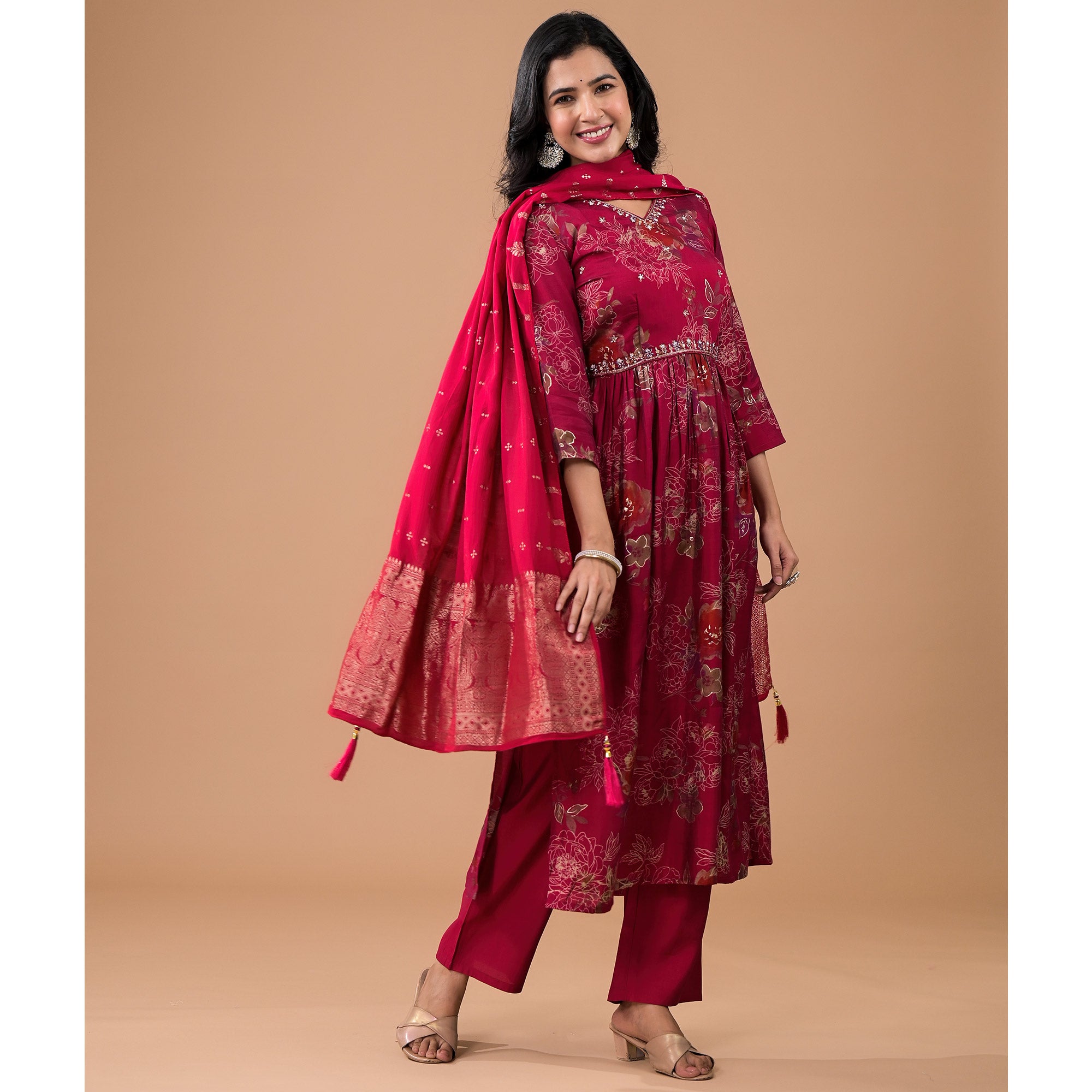 Rani Pink Floral Foil Printed With Handwork Chanderi Anarkali Suit