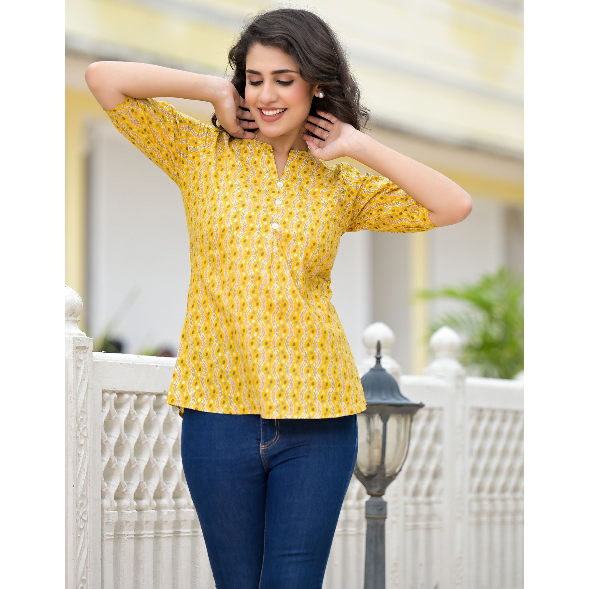 Yellow Foil Printed Pure Cotton A-Line Top