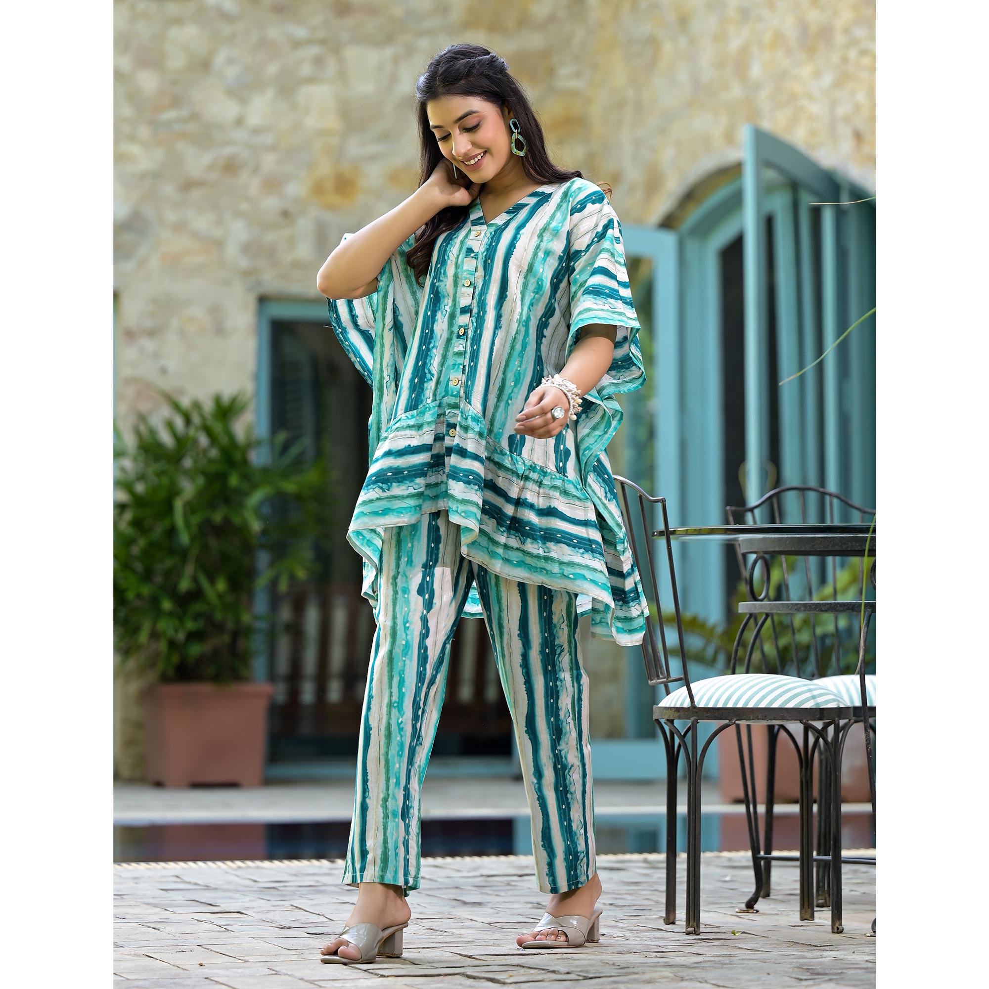 Blue Foil Printed Cambric Cotton Kaftan Style Co-Ord Set