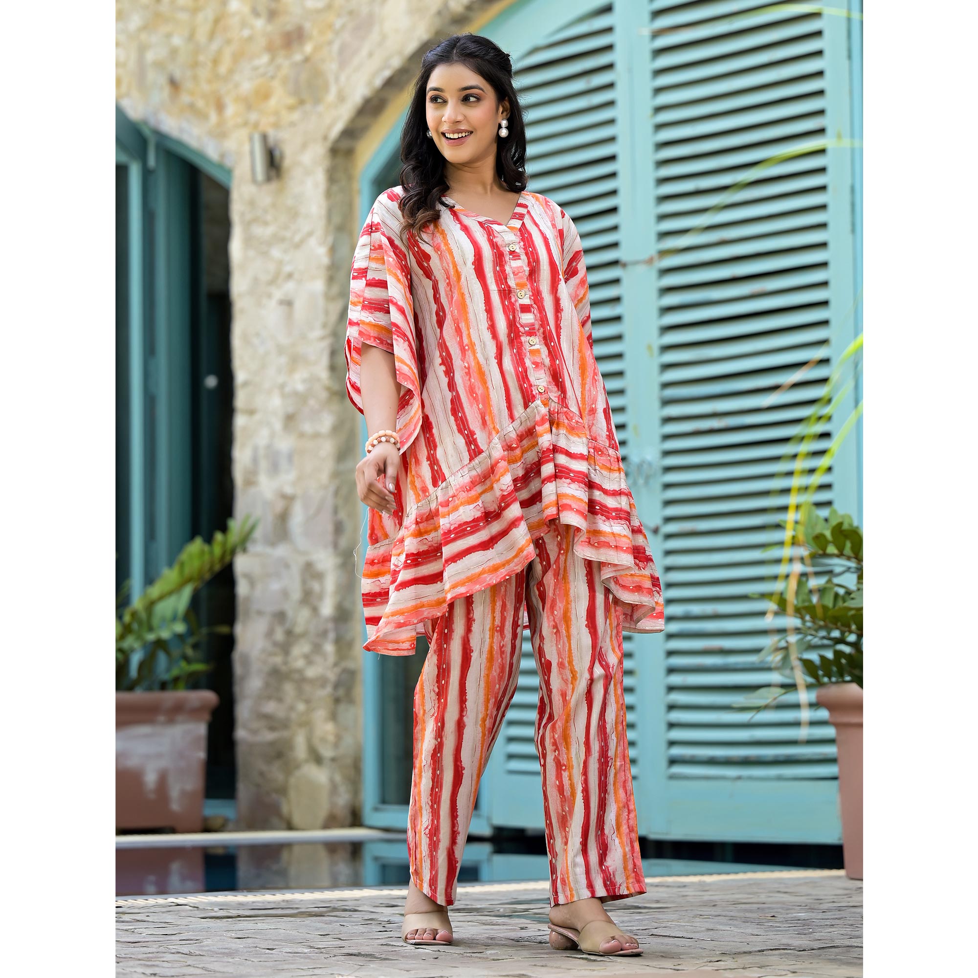 Red Foil Printed Cambric Cotton Kaftan Style Co-Ord Set