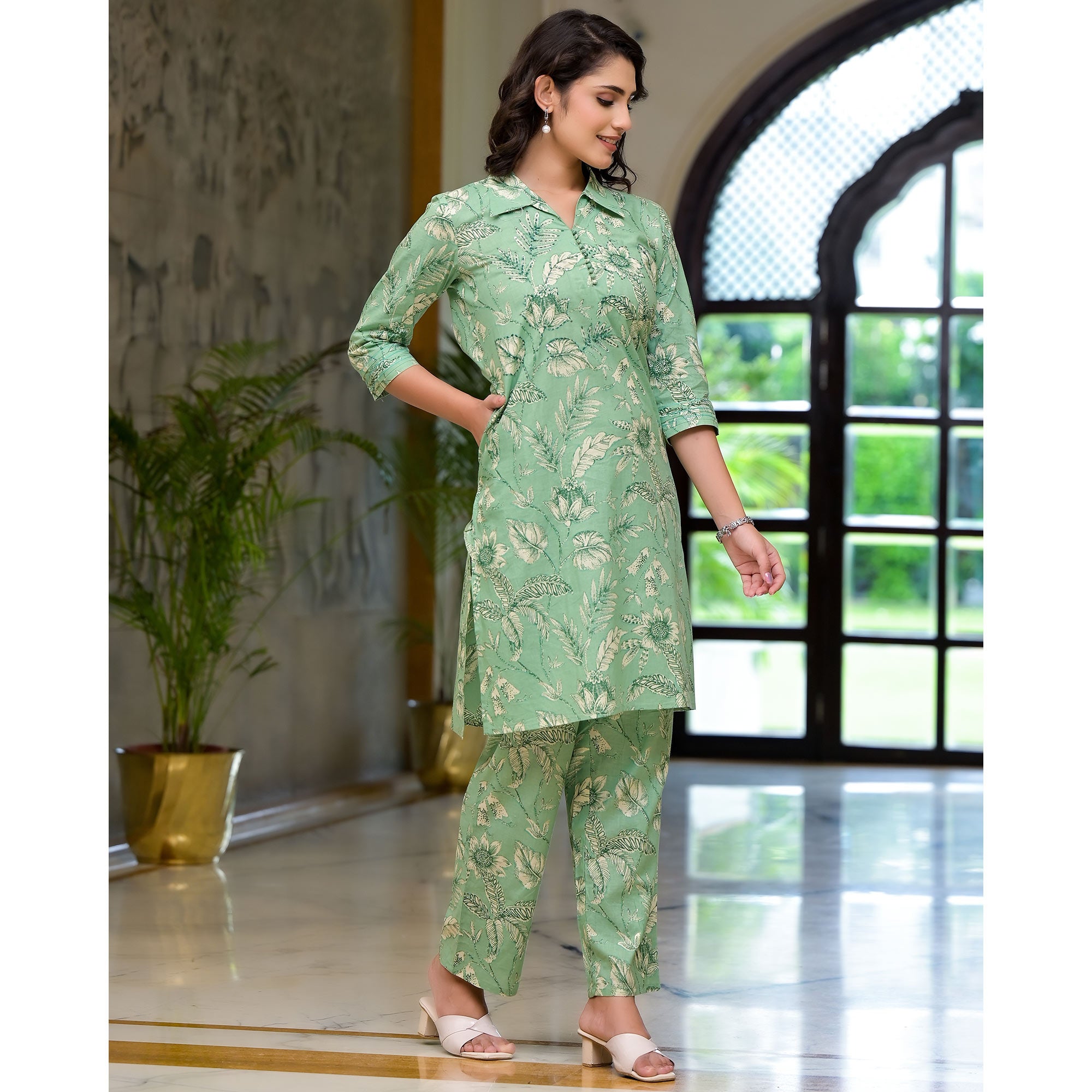 Green Floral Printed Pure Cotton Co-ord Set