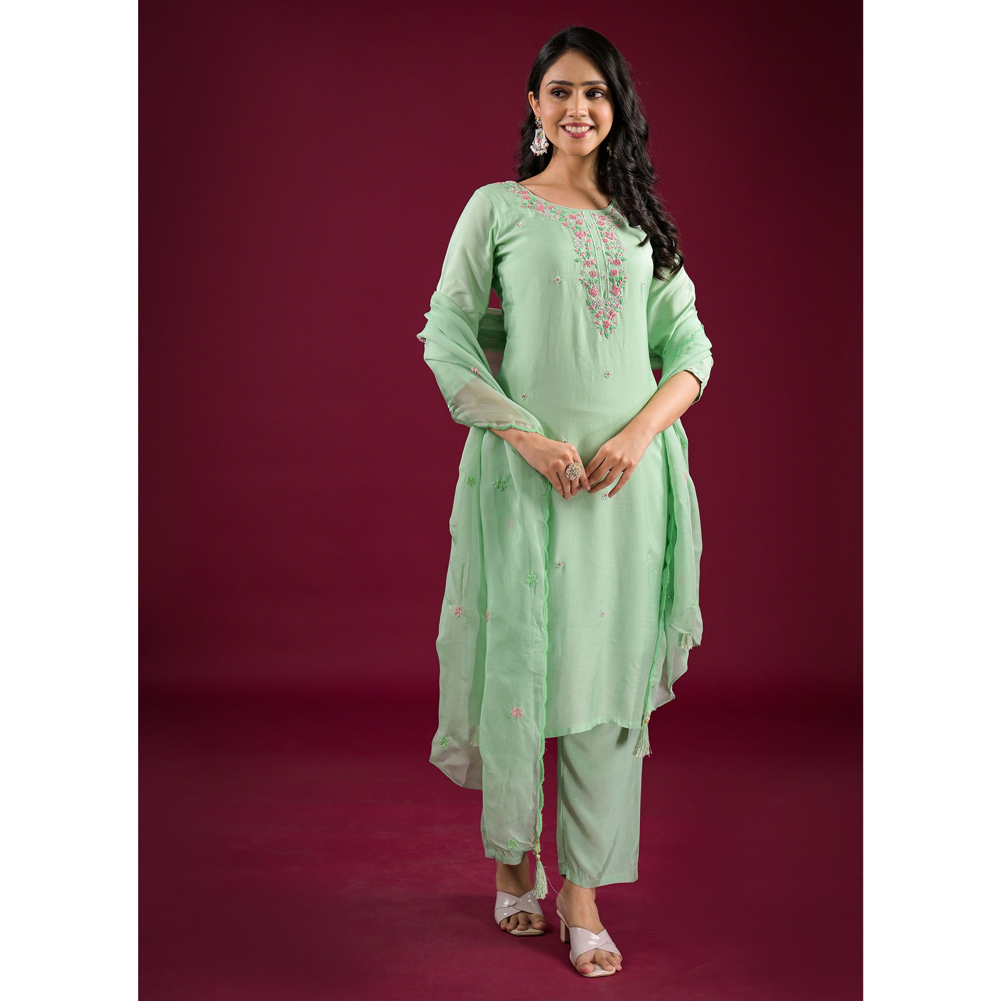 Pista Green Embroidered Muslin Straight Salwar Suit