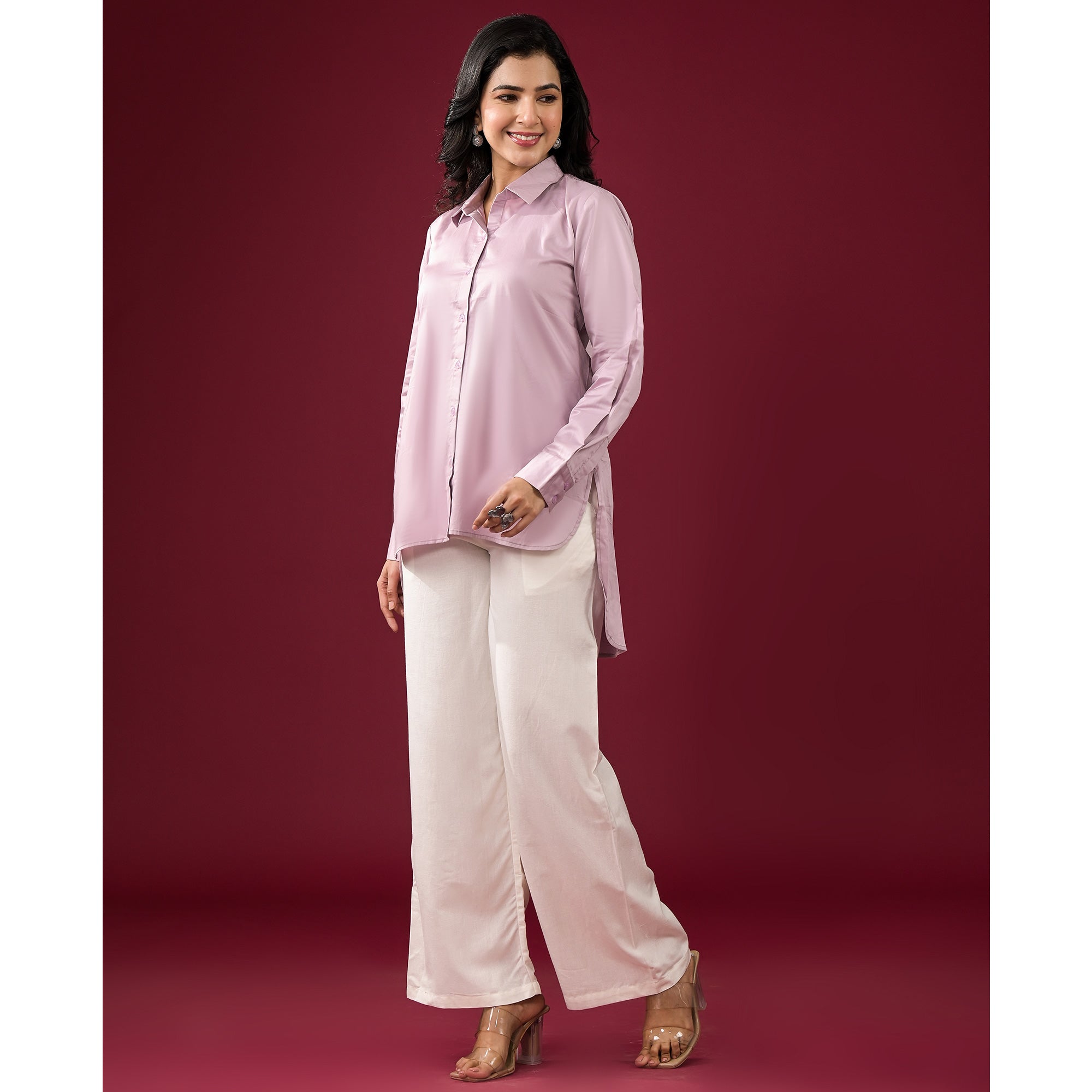 Lavender Solid Satin High-Low Shirt