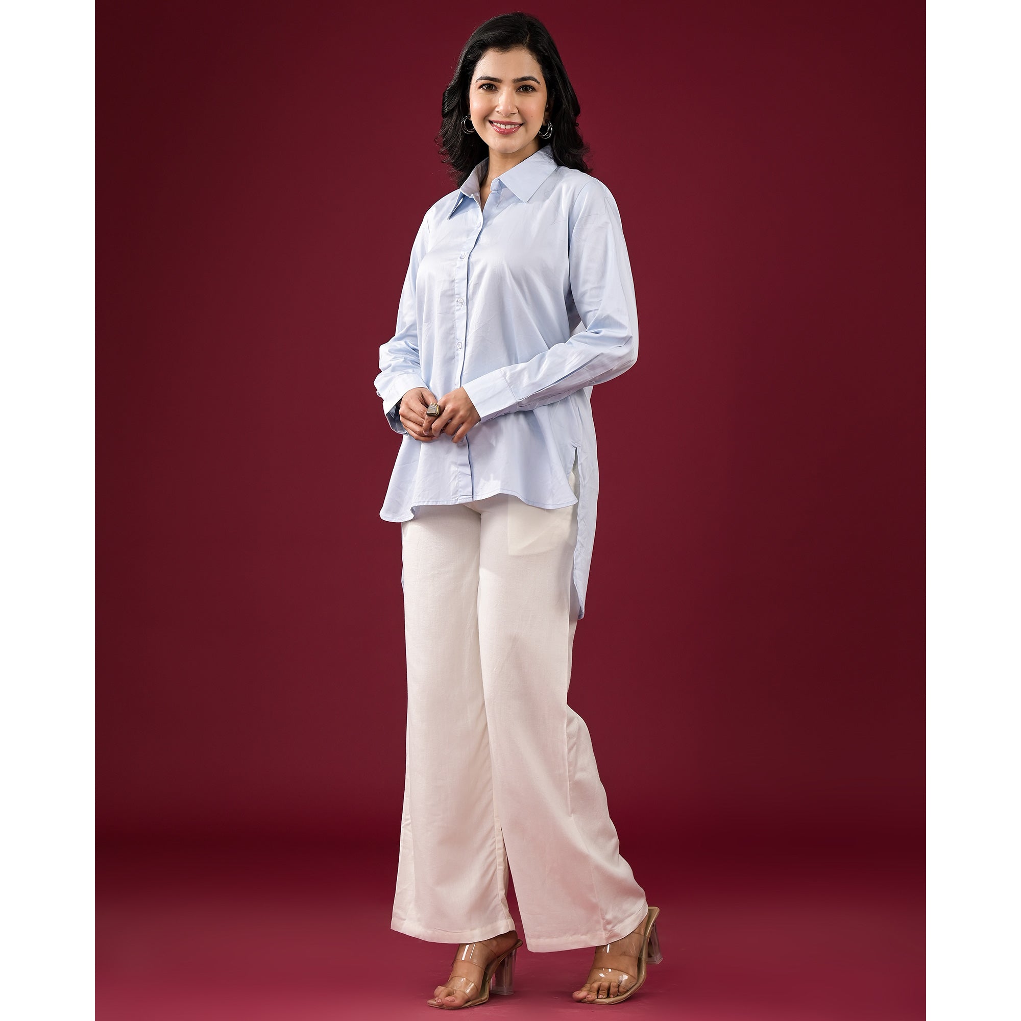 Light Blue Solid Satin High-Low Shirt