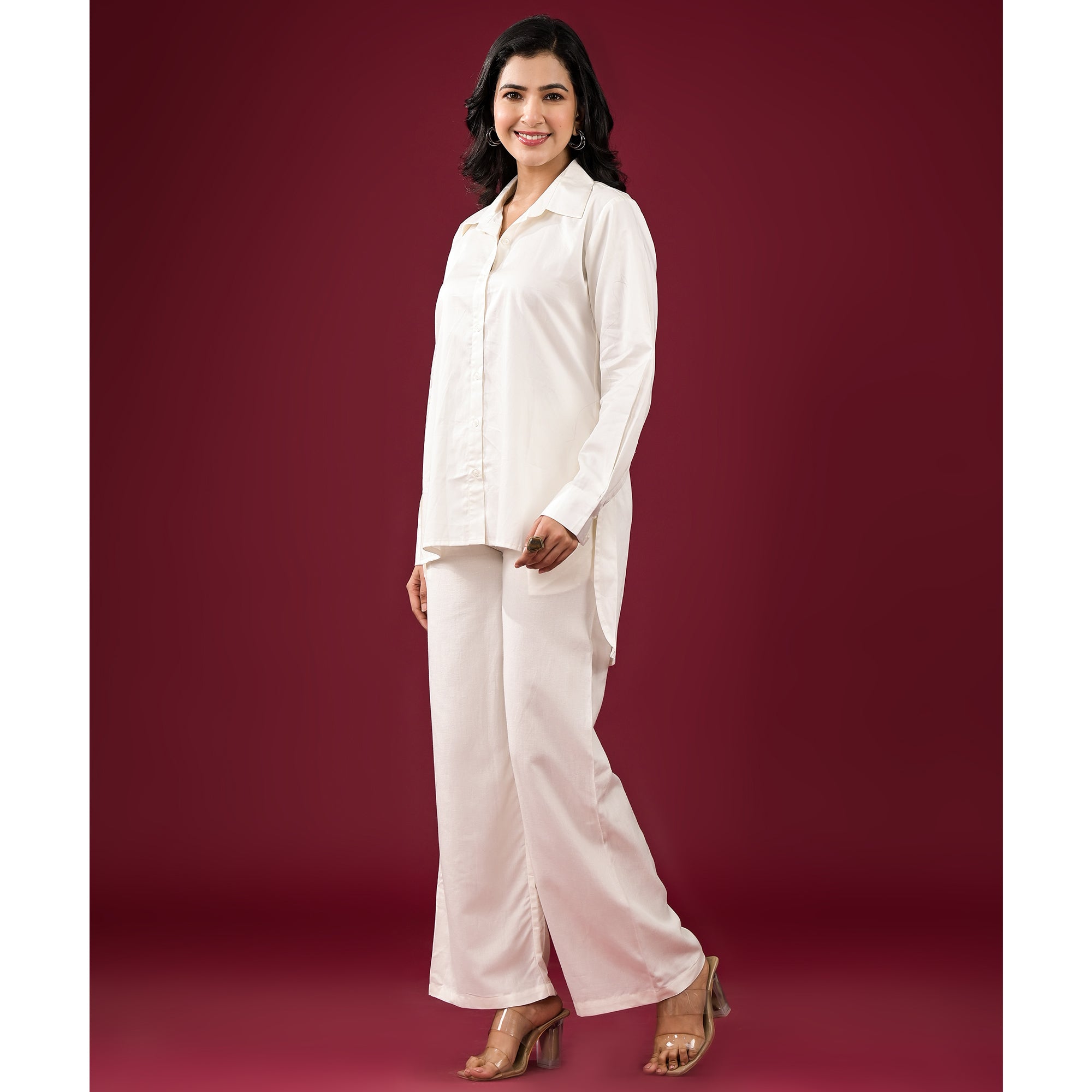 Off White Solid Satin High-Low Shirt