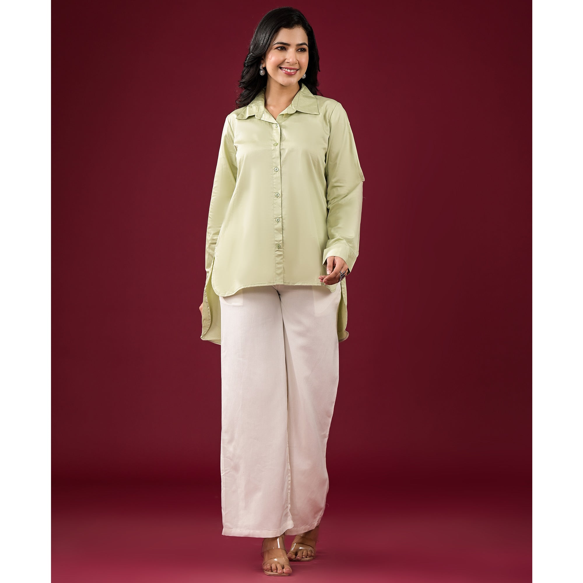 Pista Green Solid Satin High-Low Shirt