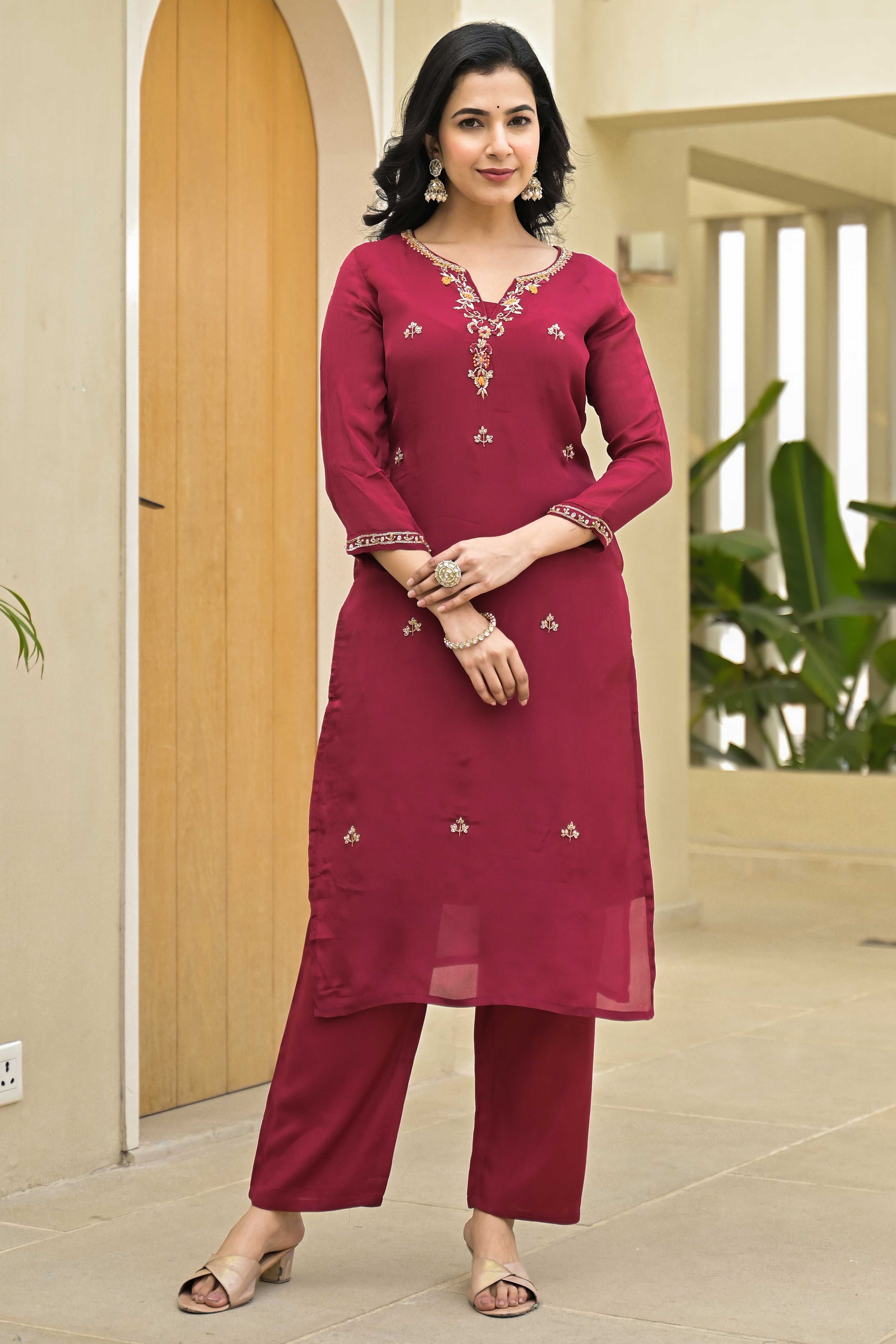Wine Floral Embroidered Chinon Straigth Salwar Suit
