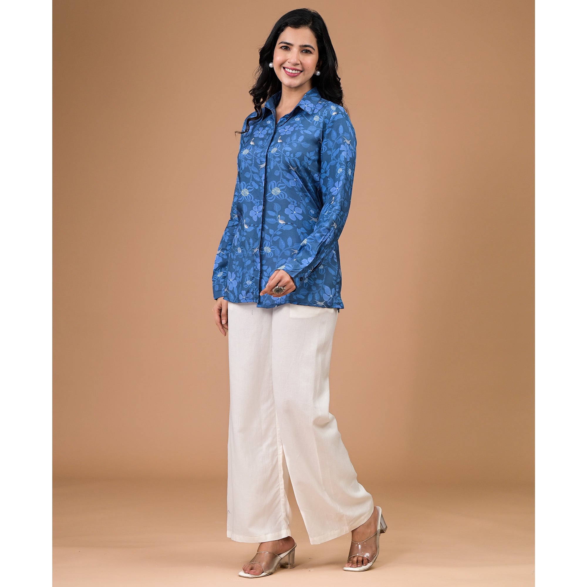 Blue Foil Printed Muslin Shirt
