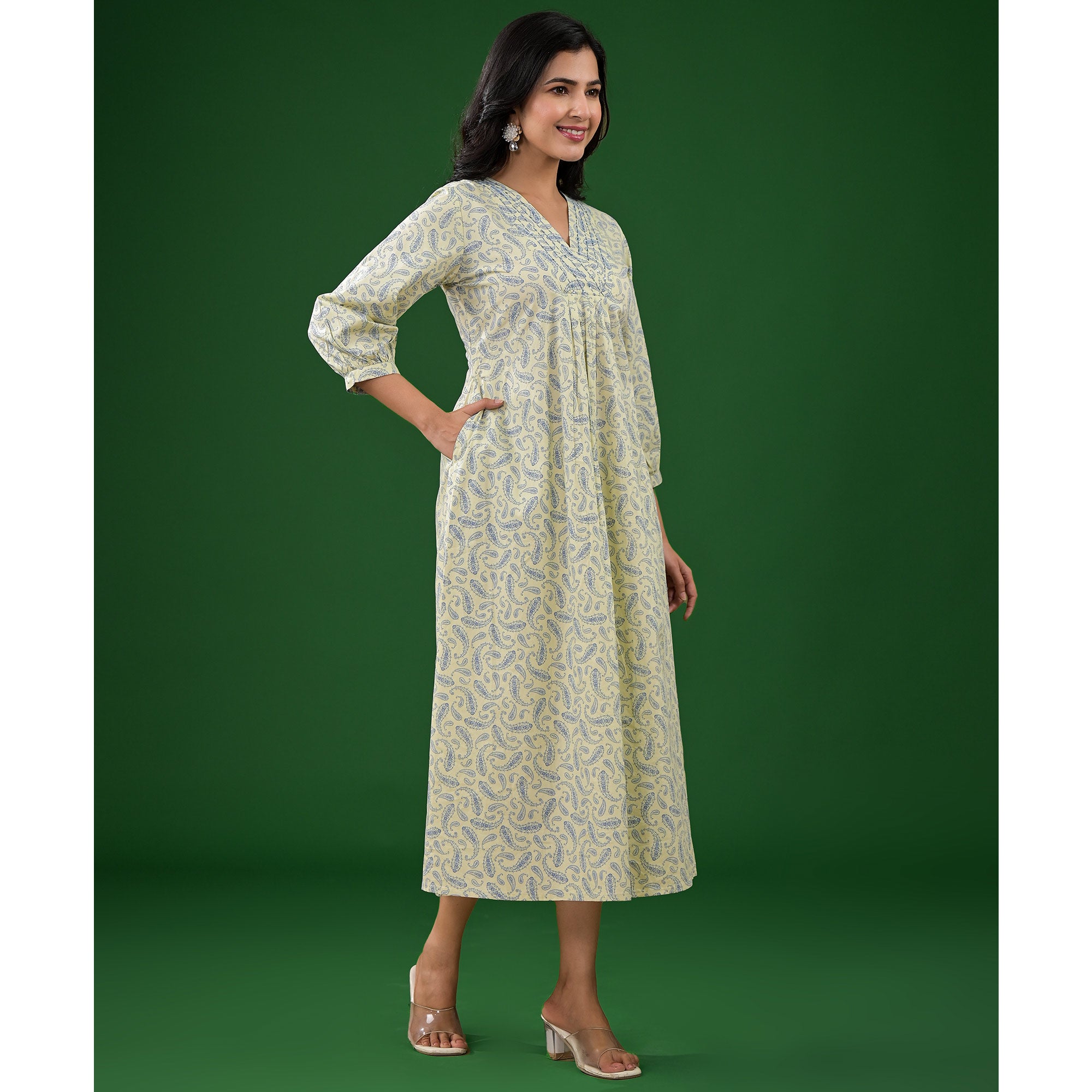 Light Lime Green Paisley Printed Pure Cotton A-Line Dress