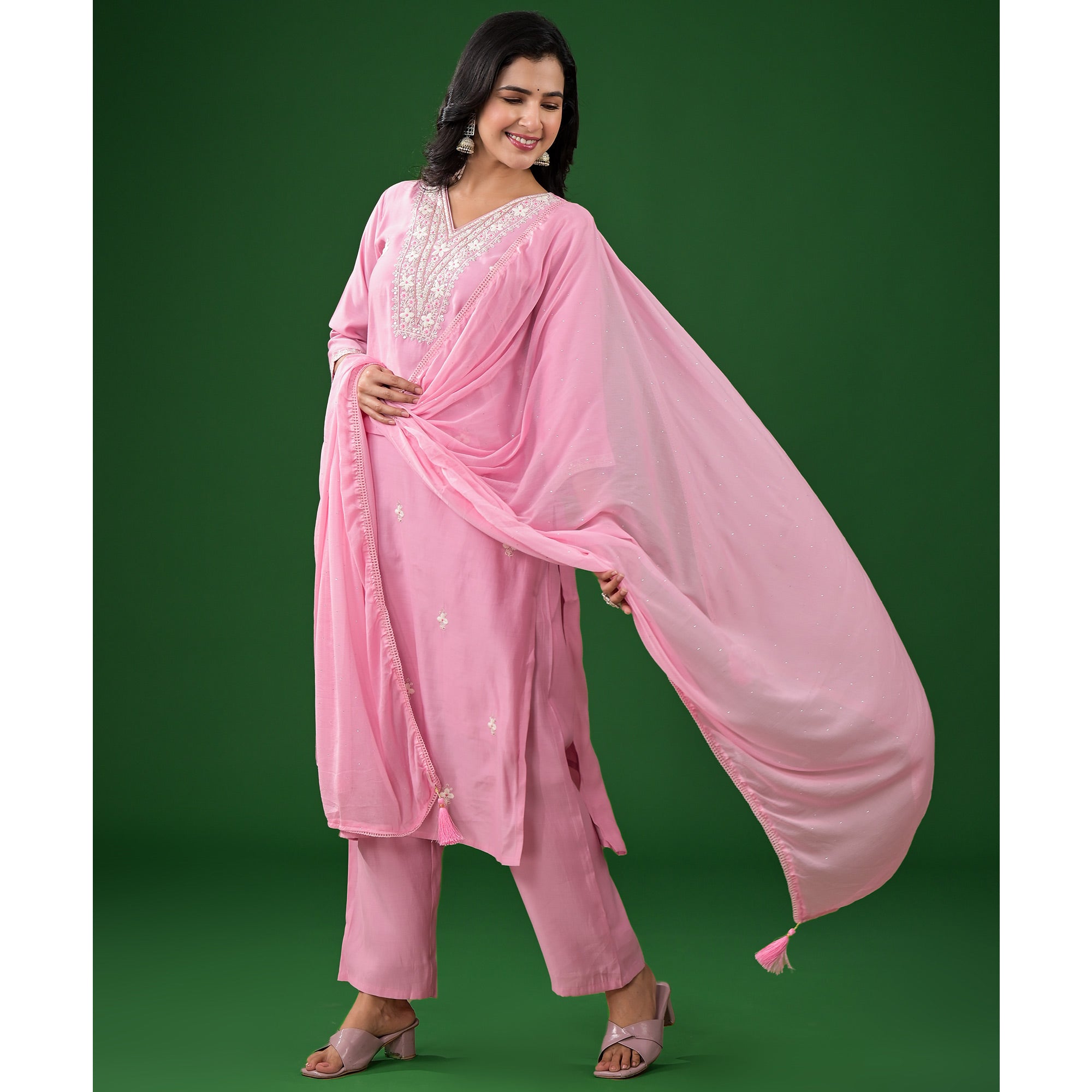 Pink Floral Embroidered Pure Silk Straight Salwar Suit