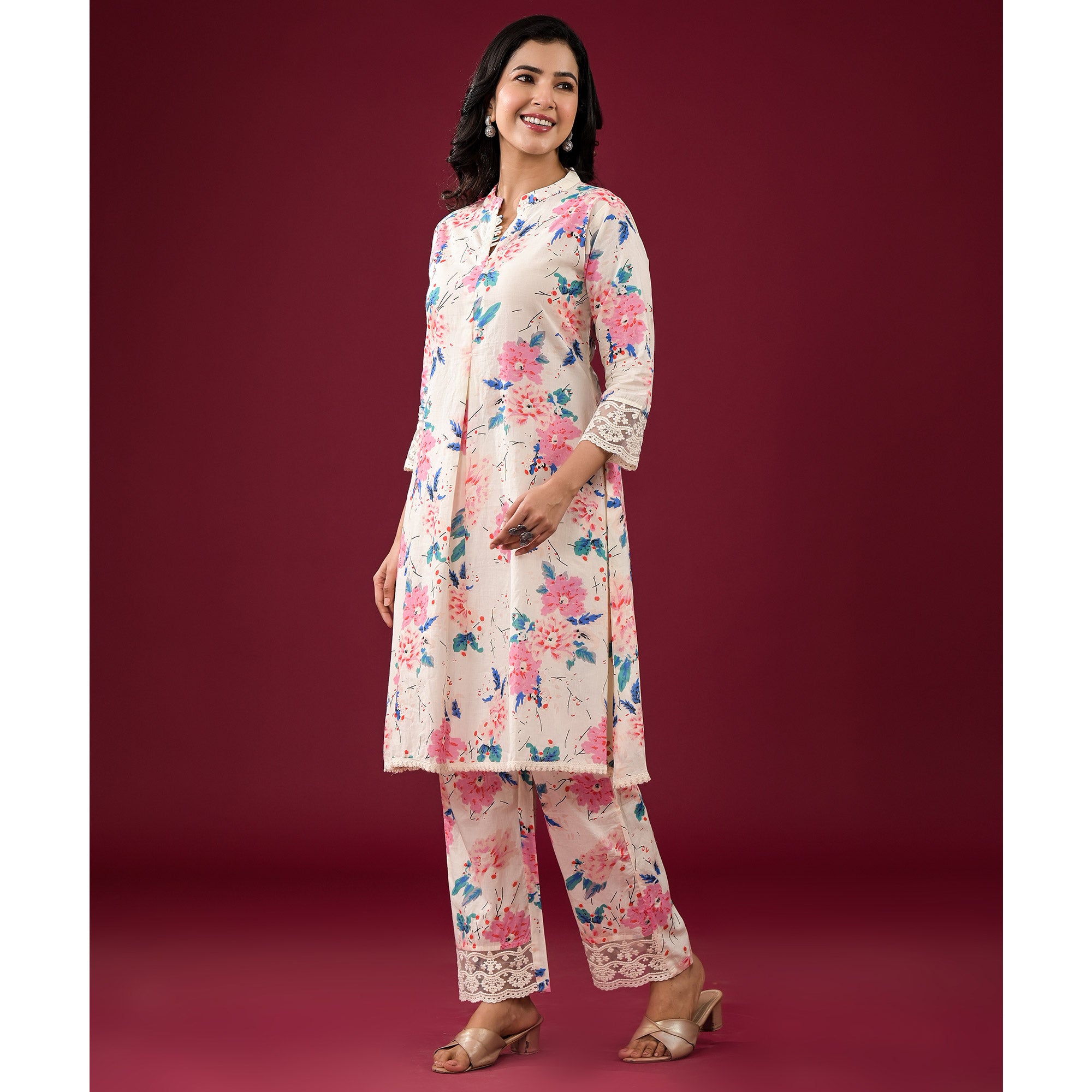 Off White Floral Printed Pure Cotton Co-Ord Set